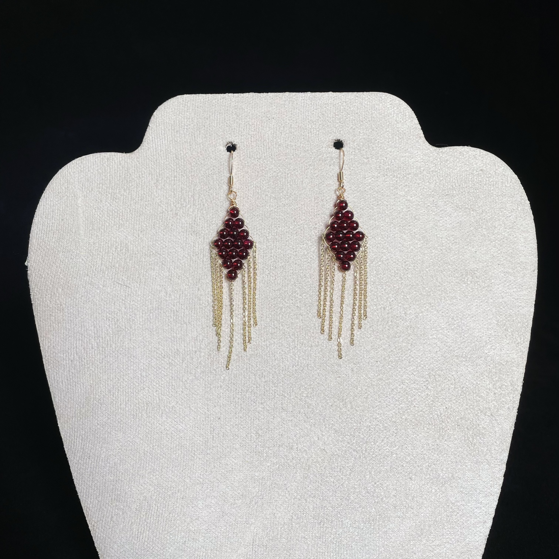 Wine Red Garnet Woven Rhombus with Tassels Earrings