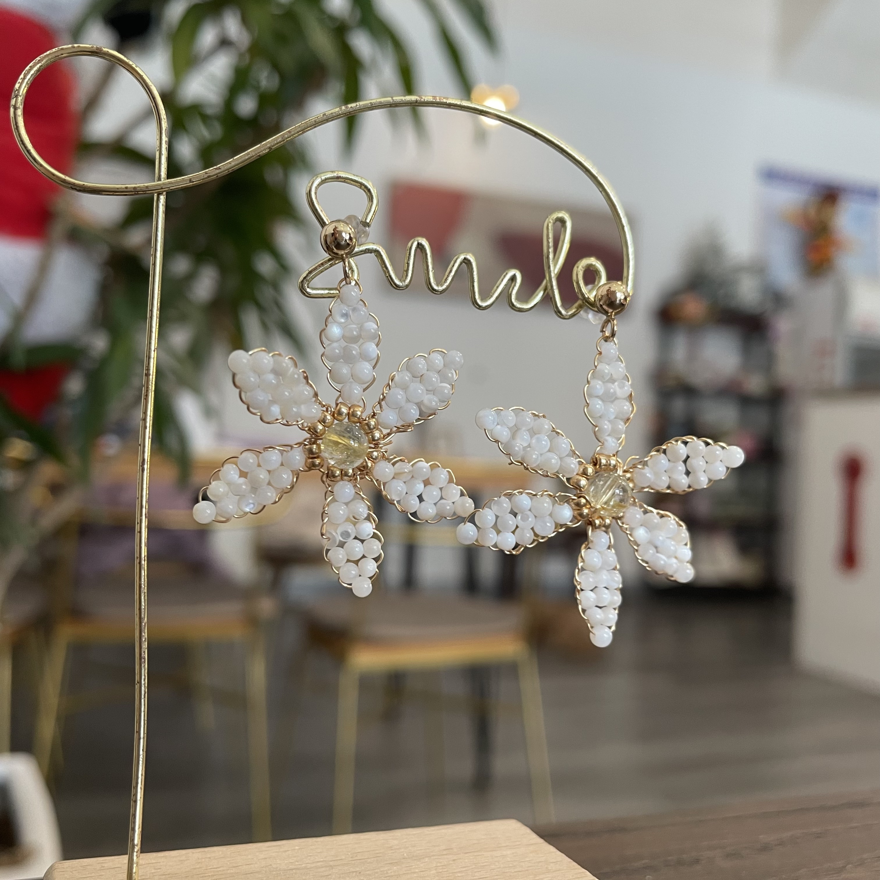 White Triteleia Laxa Inspired Earrings with Gold Rutilated Quartz Center