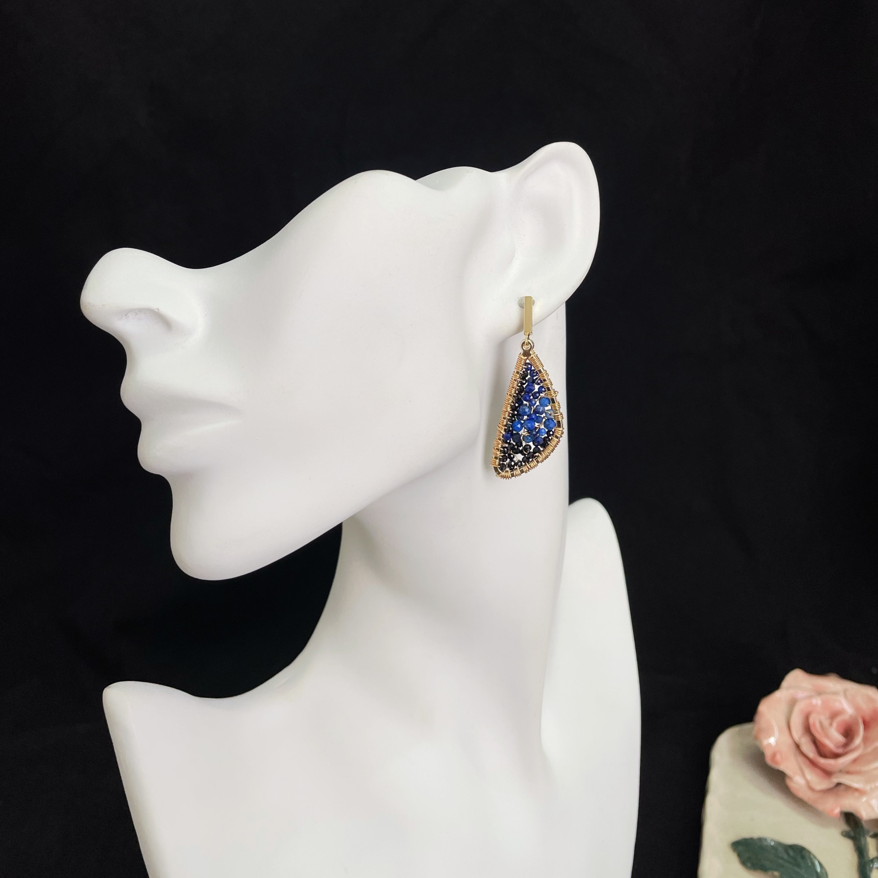 Handcrafted Papilio ulysse Wings Black Spinel and Lapis Lazuli Earrings 