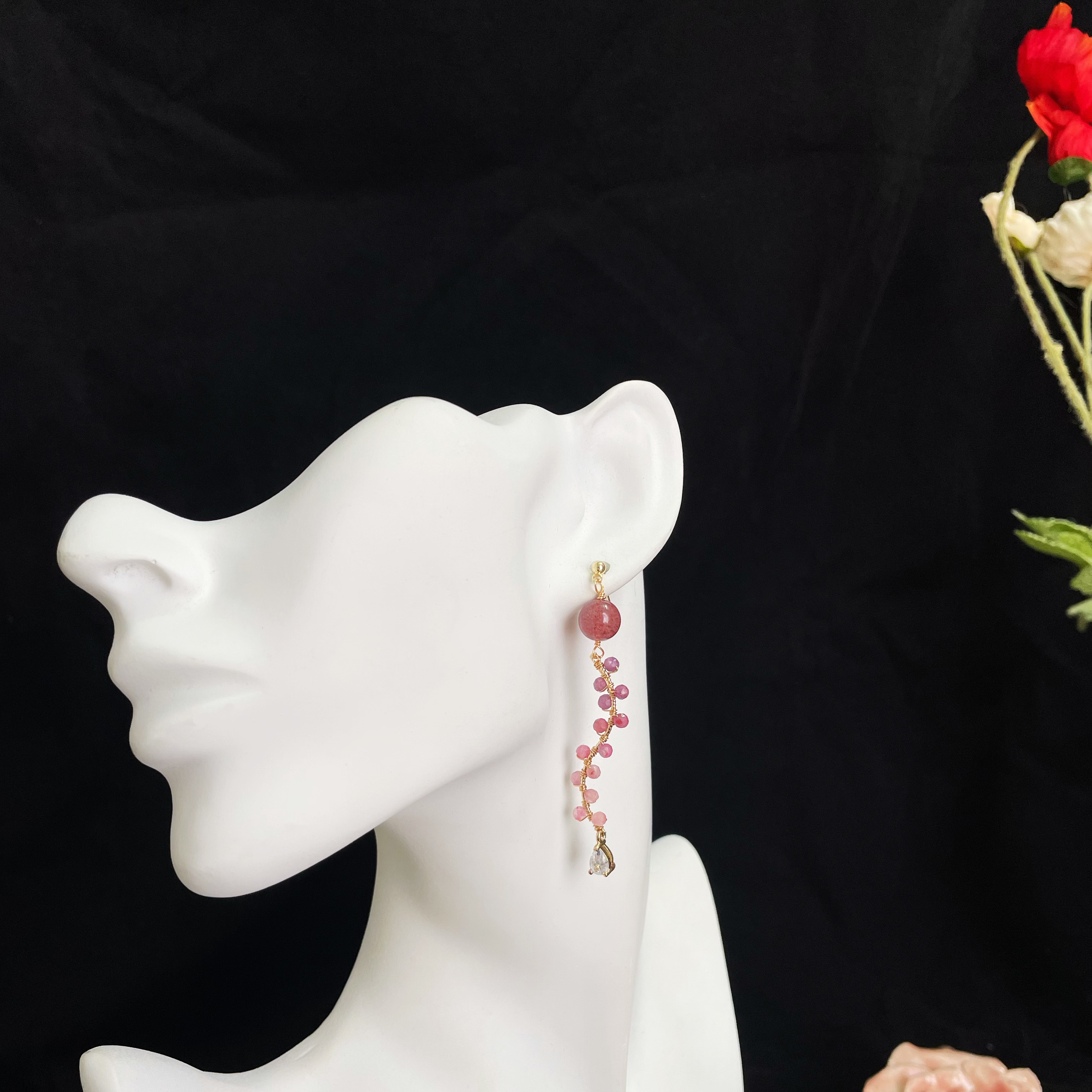 Handcrafted Berry Vine Earrings Made of Strawberry Quartz and Tourmaline