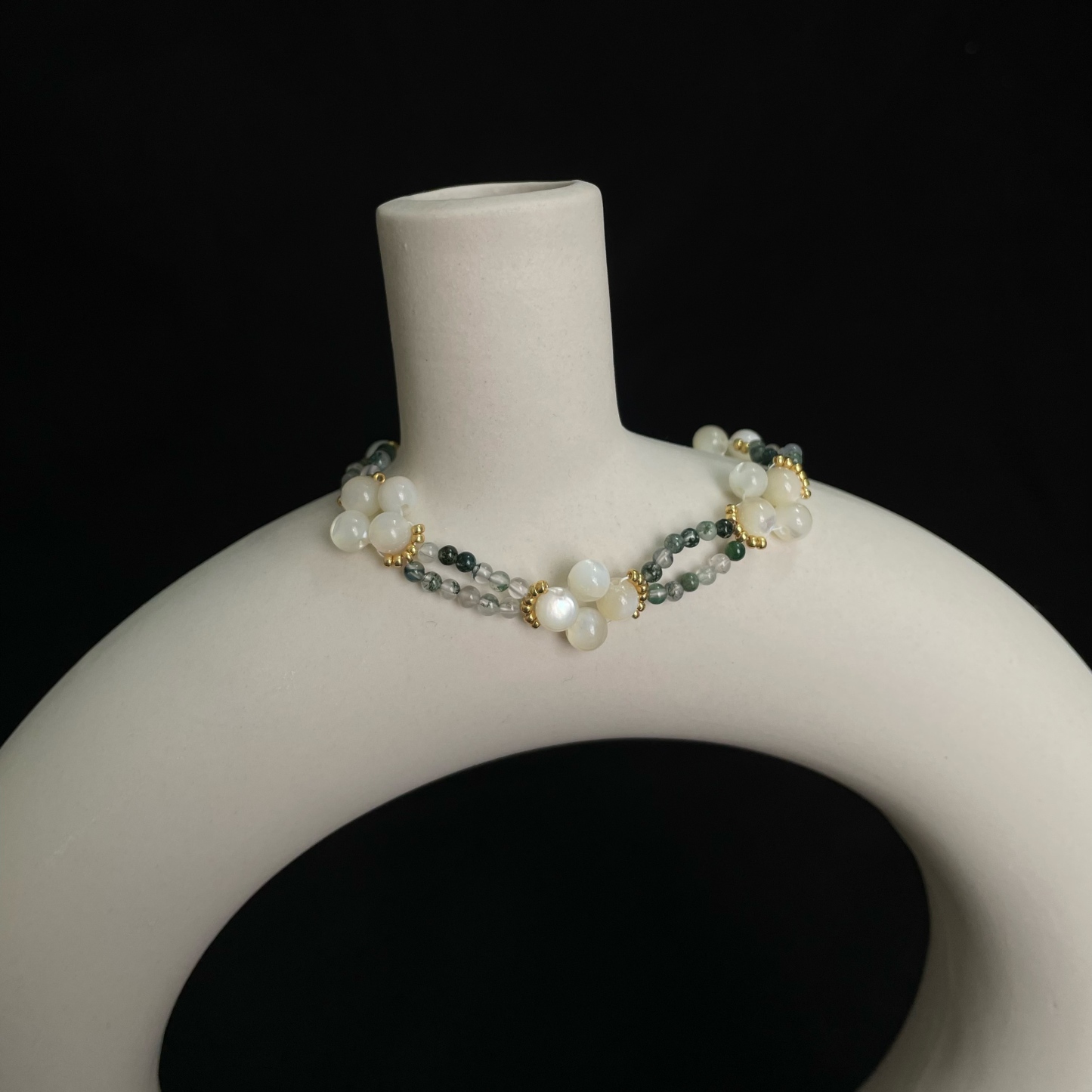 Handcrafted Clover Blossom Bracelet Made of Trochus Shell Beads Moss Agate