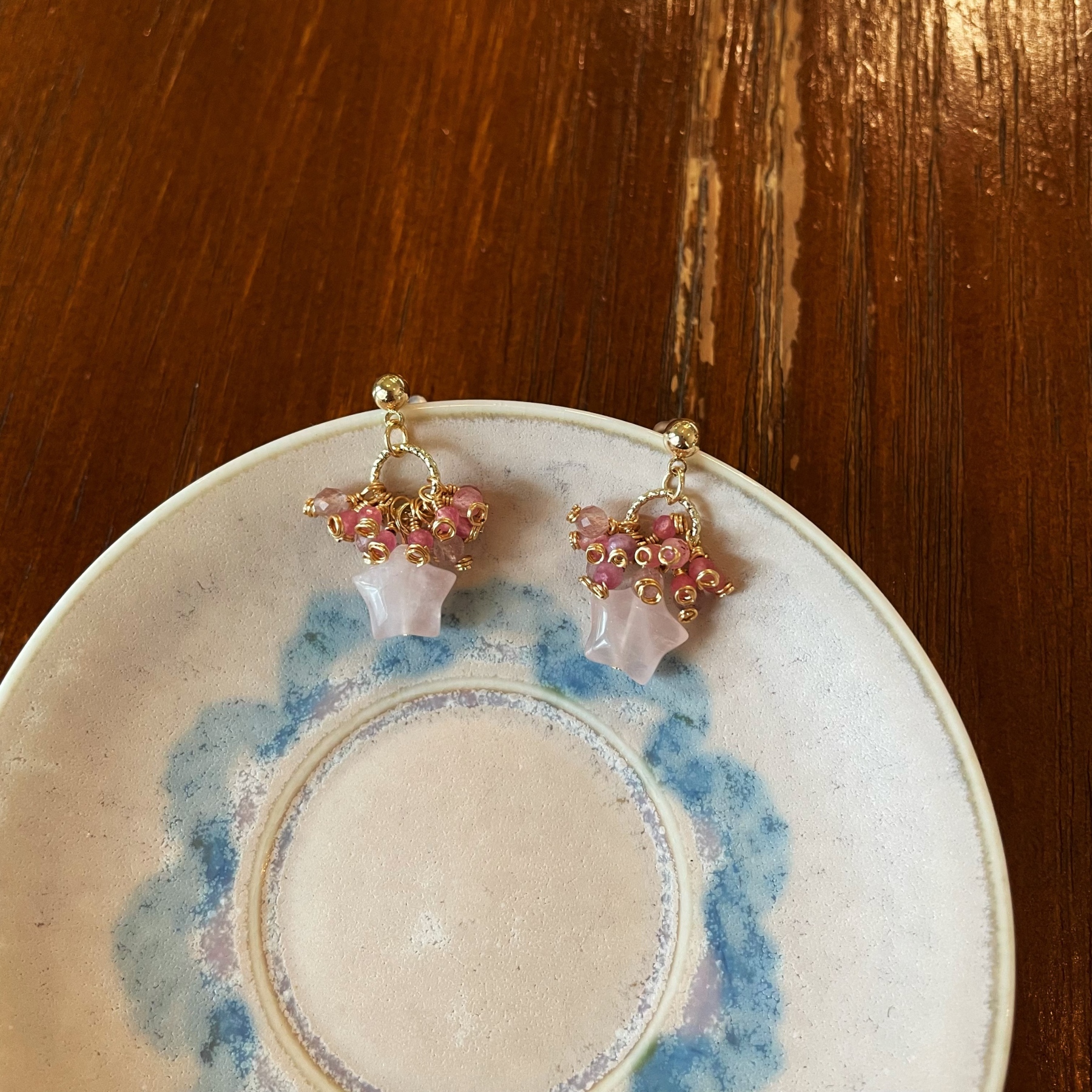 Handmade Rose Nebula Earrings Rose Quartz Star Drop with Pink Tourmaline and Strawberry Quartz Cluster