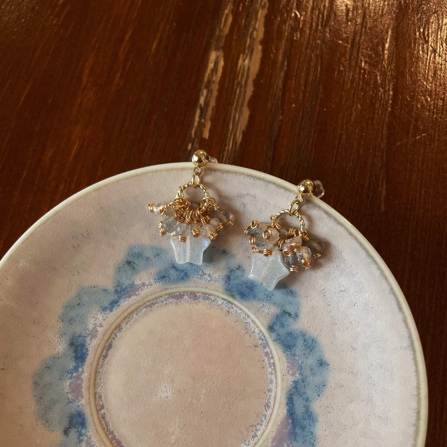 Handmade Moonlight Nebula Earrings Blue Moonstone Star with Clear Quartz and Labradorite Cluster