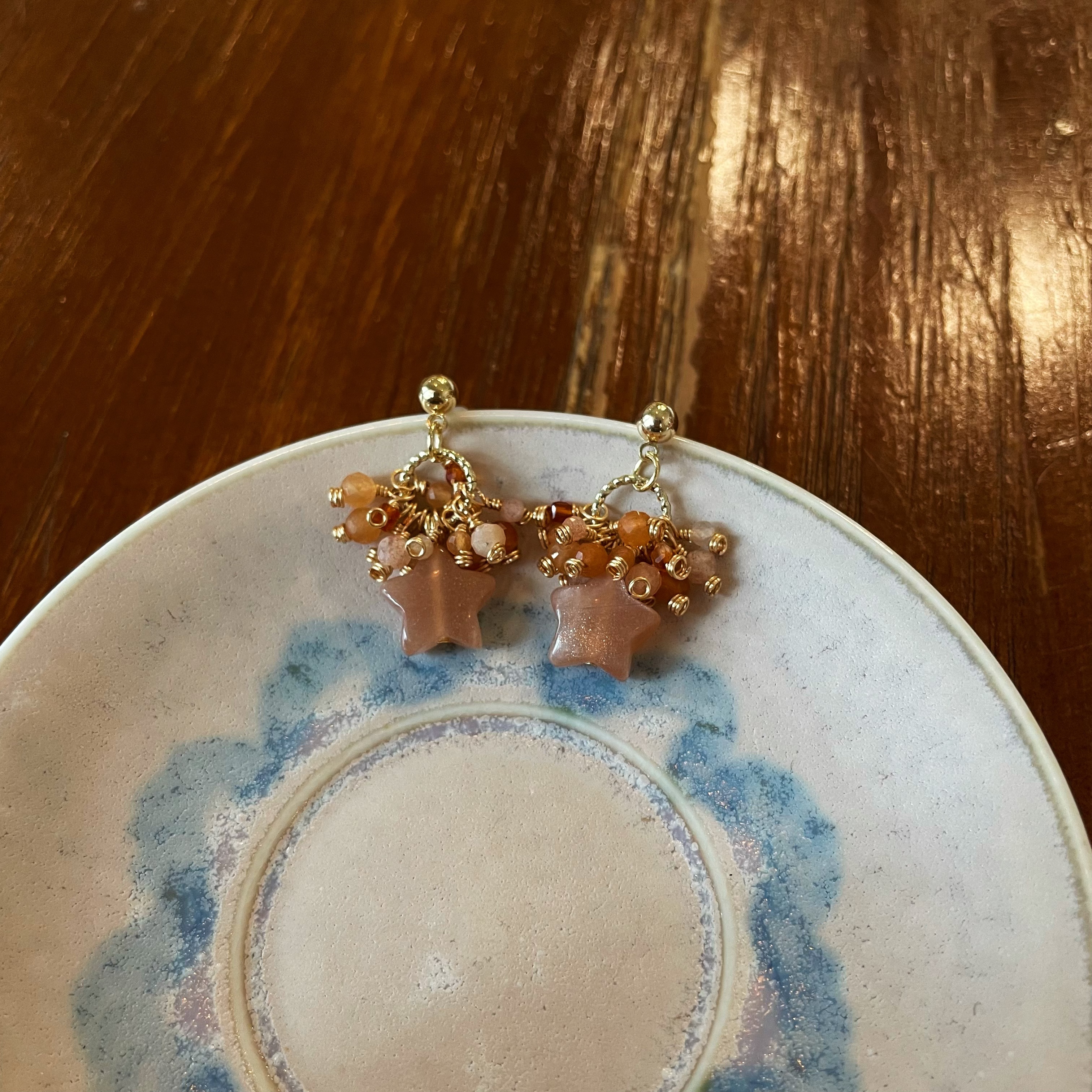 Handmade Amber Nebula Earrings Peach Moonstone Star with Red Aventurine and Red Agate Cluster