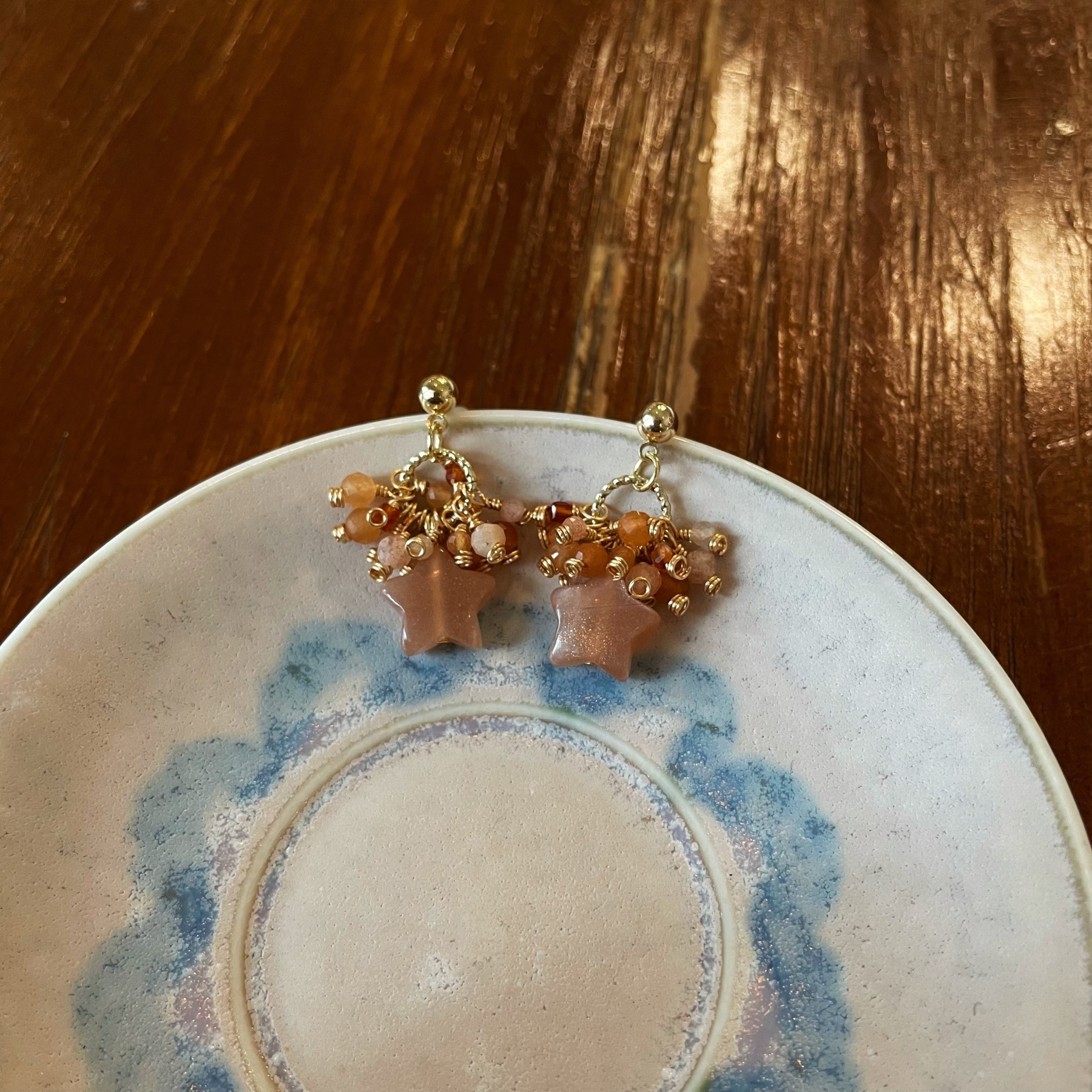Handmade Amber Nebula Earrings Peach Moonstone Star with Red Aventurine and Red Agate Cluster