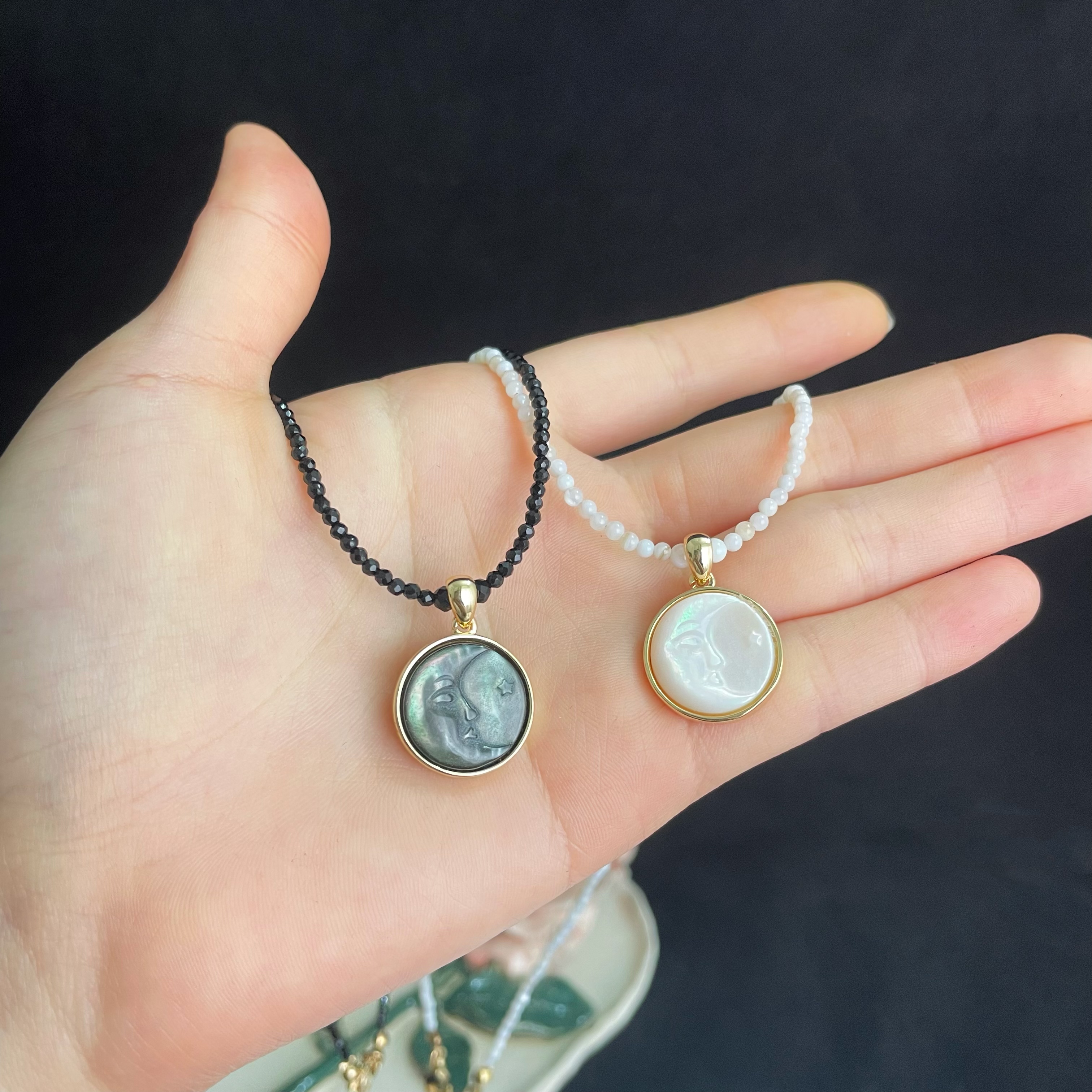  Celestial Elegance Beads Necklace with Mother-of-Pearl Moon Pendant