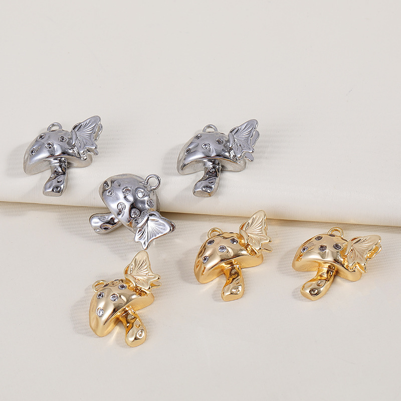 Gold Plated Cubic Zirconia Inlaid Mushroom Pendant Charms for Necklace Bracelet Keychain