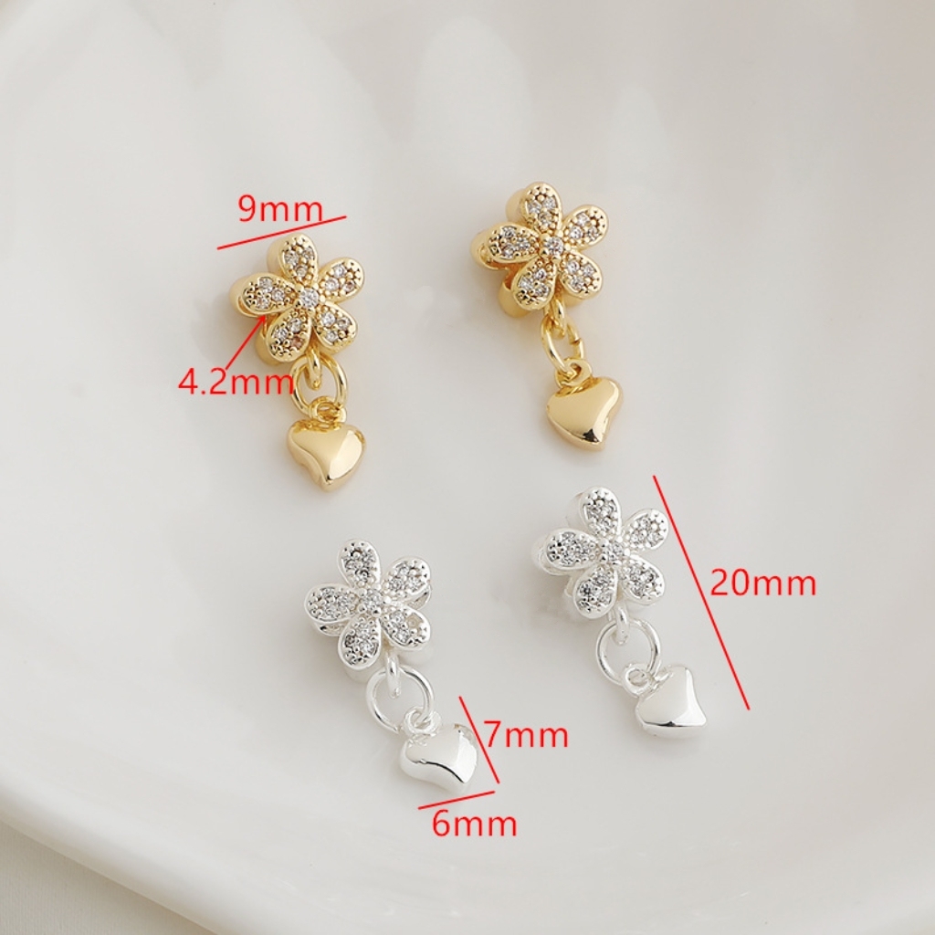 Gold Plated Cubic Zirconia Inlaid Peach Blossom with Heart Charm Spacer Bead for Jewelry DIY