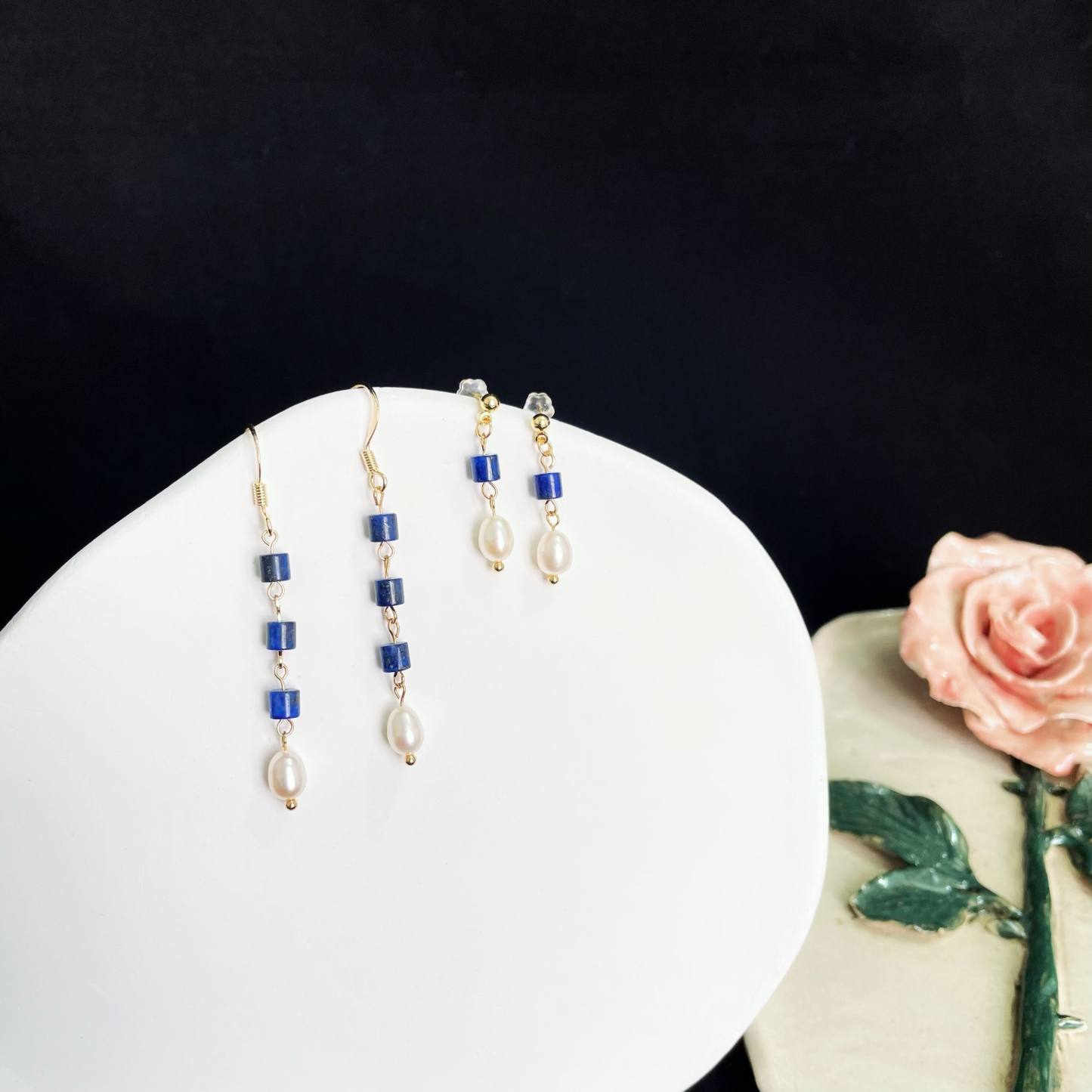 Minimalist Lapis Lazuli and Pearl Earrings