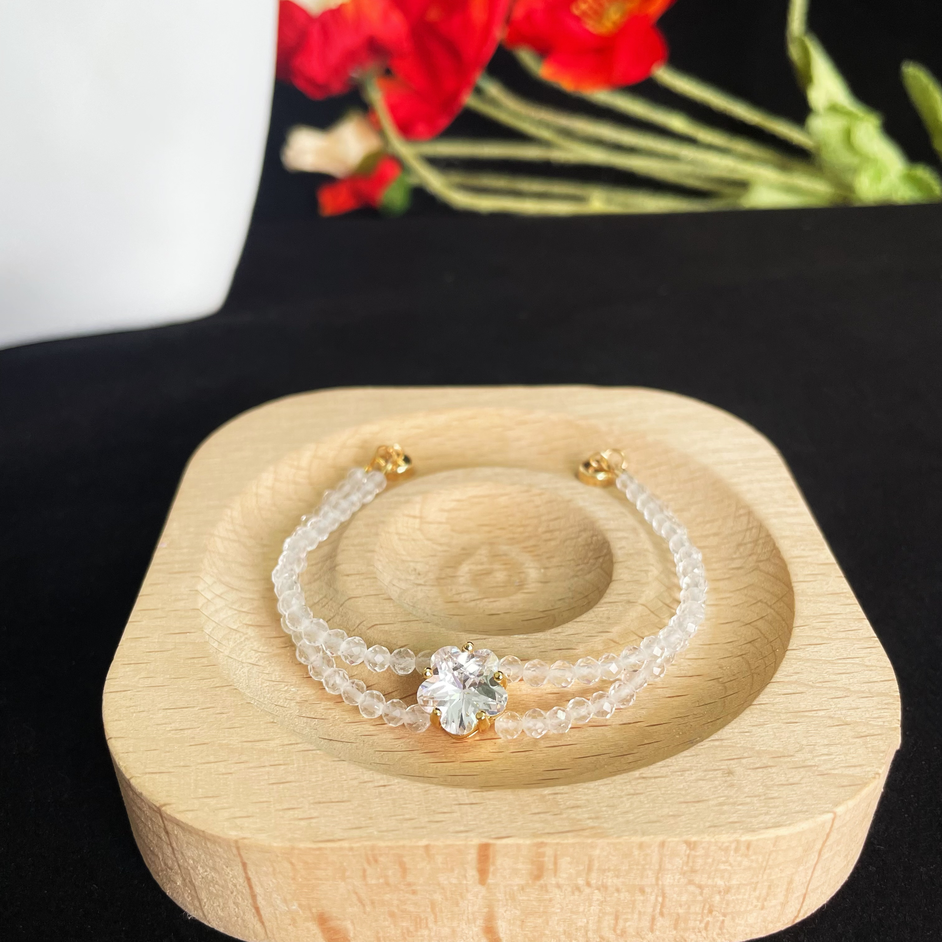 Elegant Double Line Gemstone Faced Beads Bracelet with Zircon Peach Blossom Charm