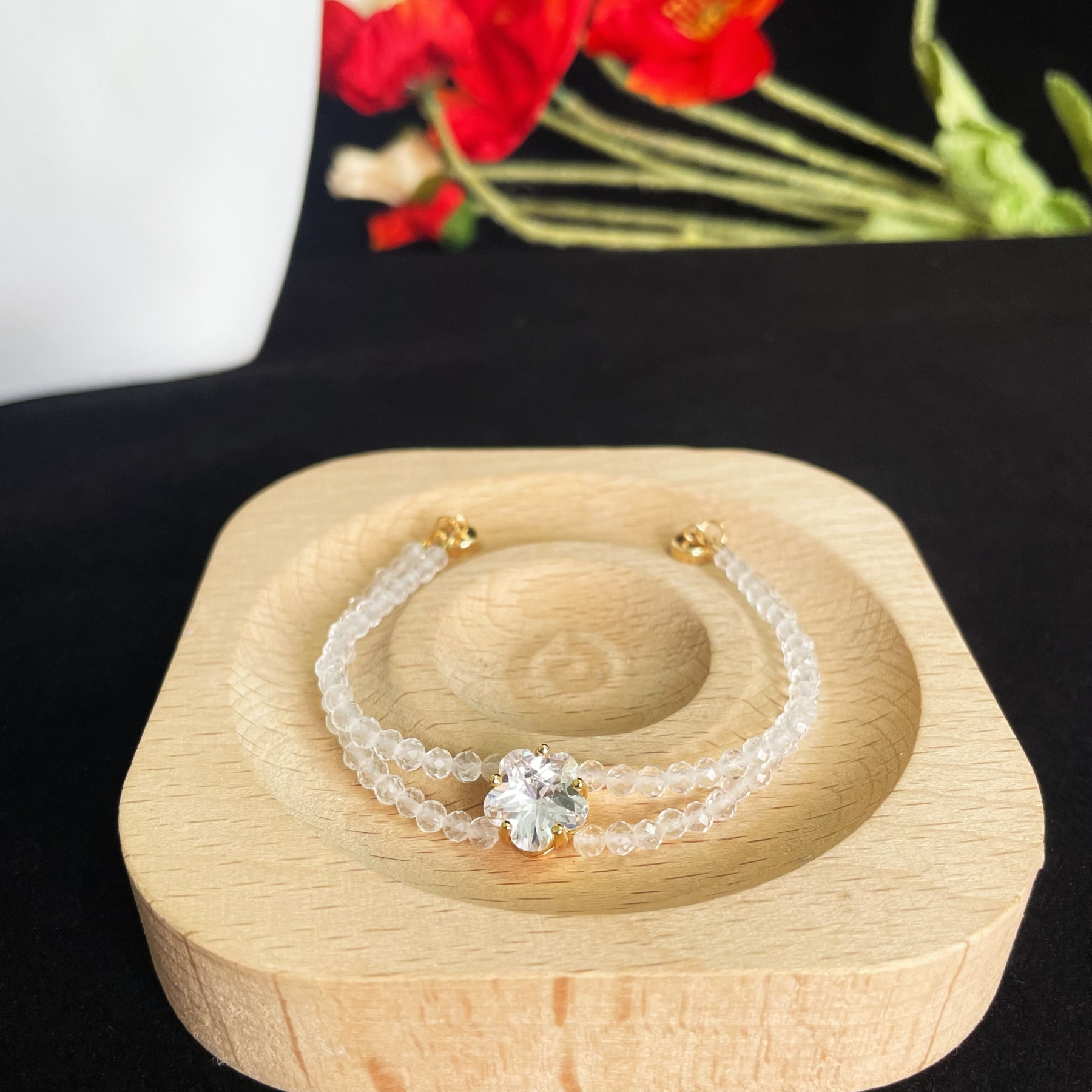 Elegant Double Line Gemstone Faced Beads Bracelet with Zircon Peach Bl