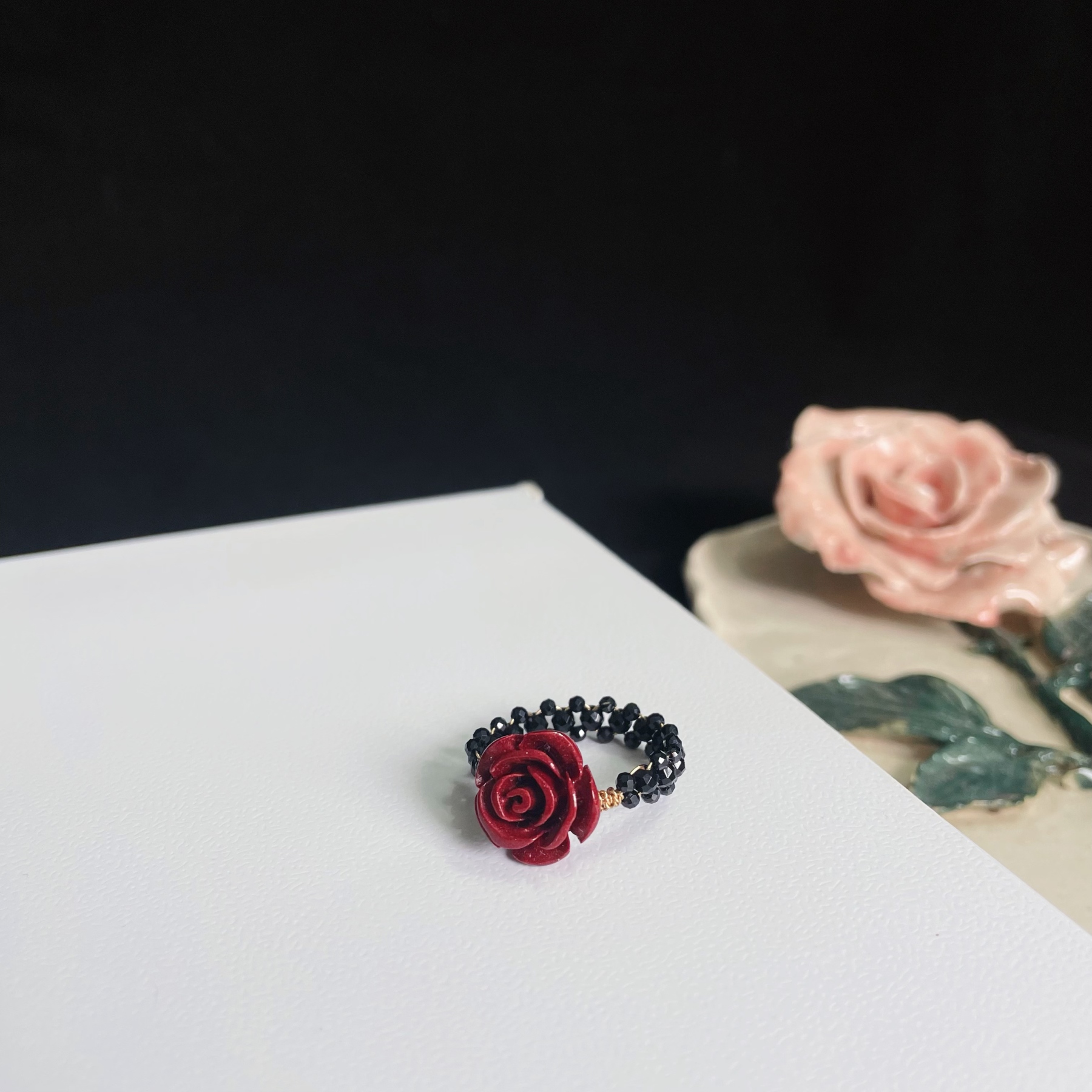 Spinel Faced Beads Woven Lace Ring with Cinnabar Rose Centre