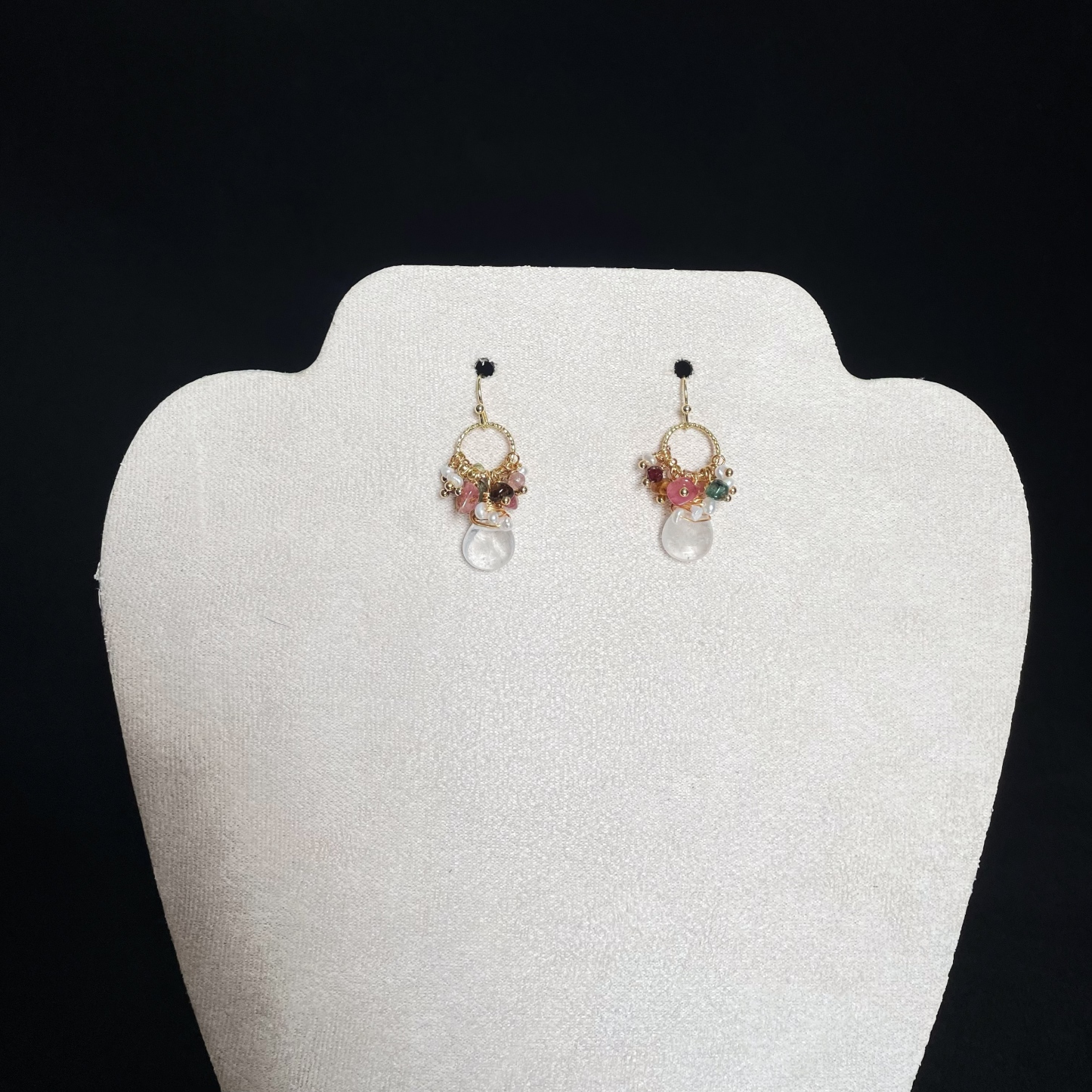 Multi-Gemstone Cluster Earrings with Clear Quartz Drop 