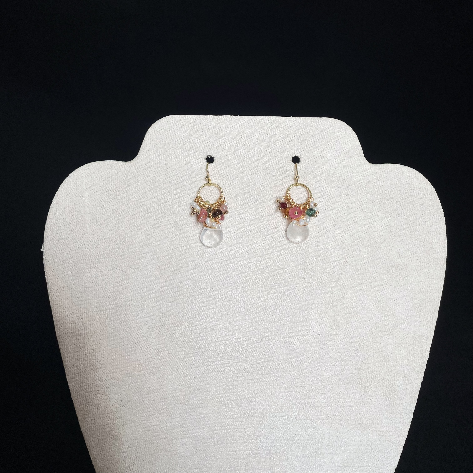 Multi-Gemstone Cluster Earrings with Clear Quartz Drop 