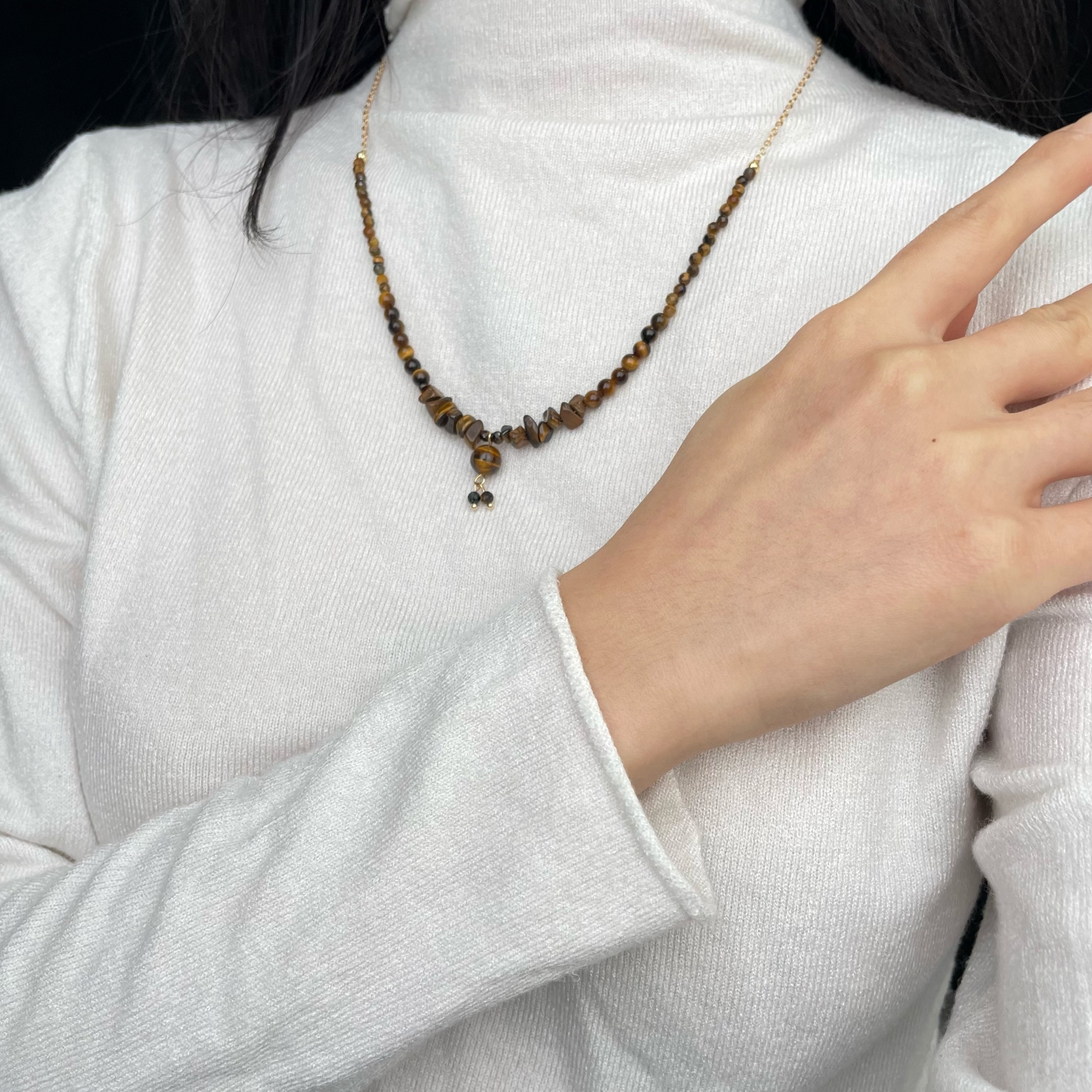 Energizing Tiger's Eye Beads Necklace Sweater Chain