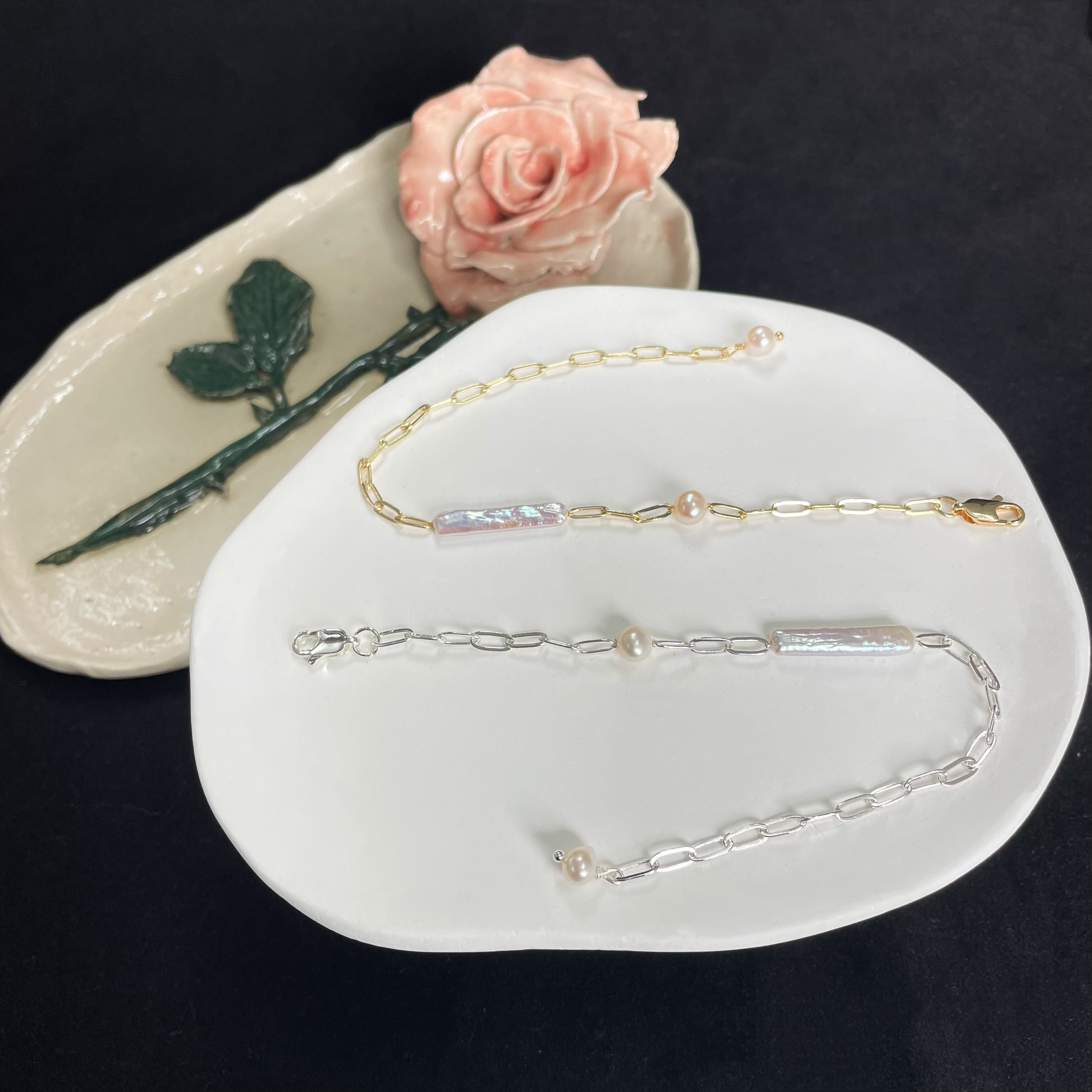 Baroque Pearl Bar Square Chain Bracelet