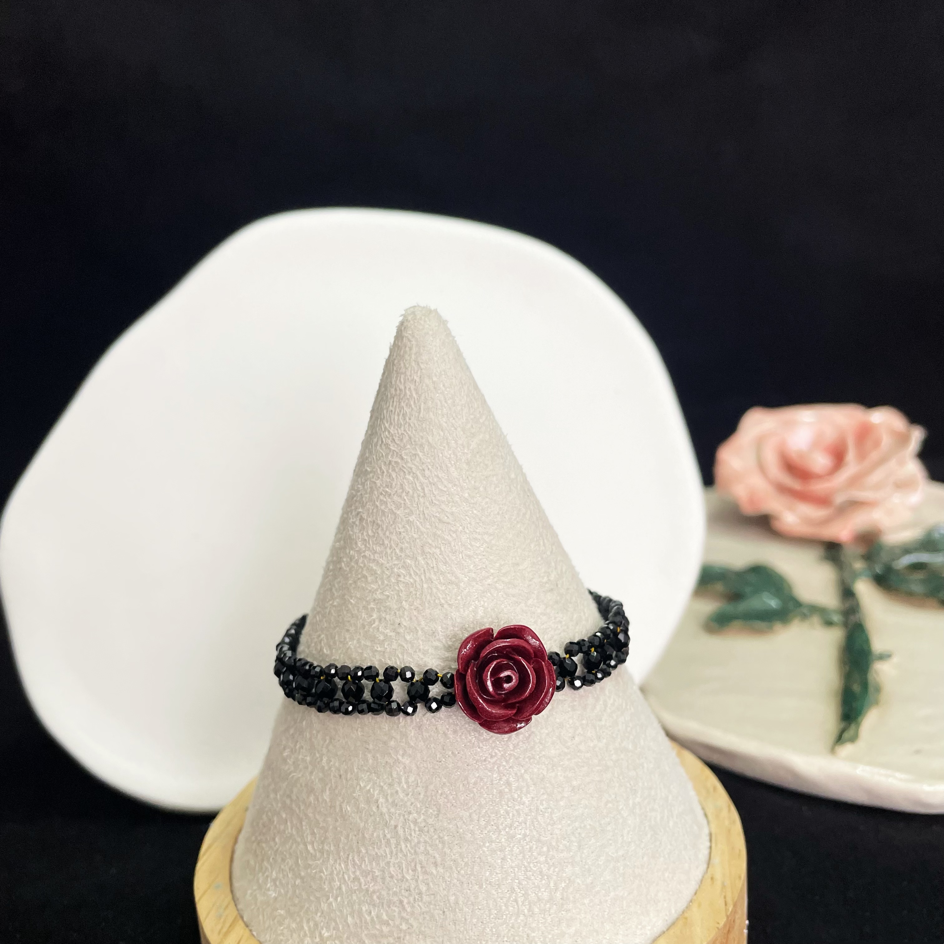 Woven Black Spinels Lace with Vermilion Stone Carved Rose Bracelet