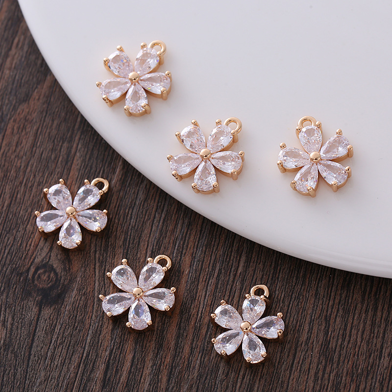 Cubic Zirconia inlaid 14k Gold Plated Flower Charm Jewelry Pendant Rose Charm