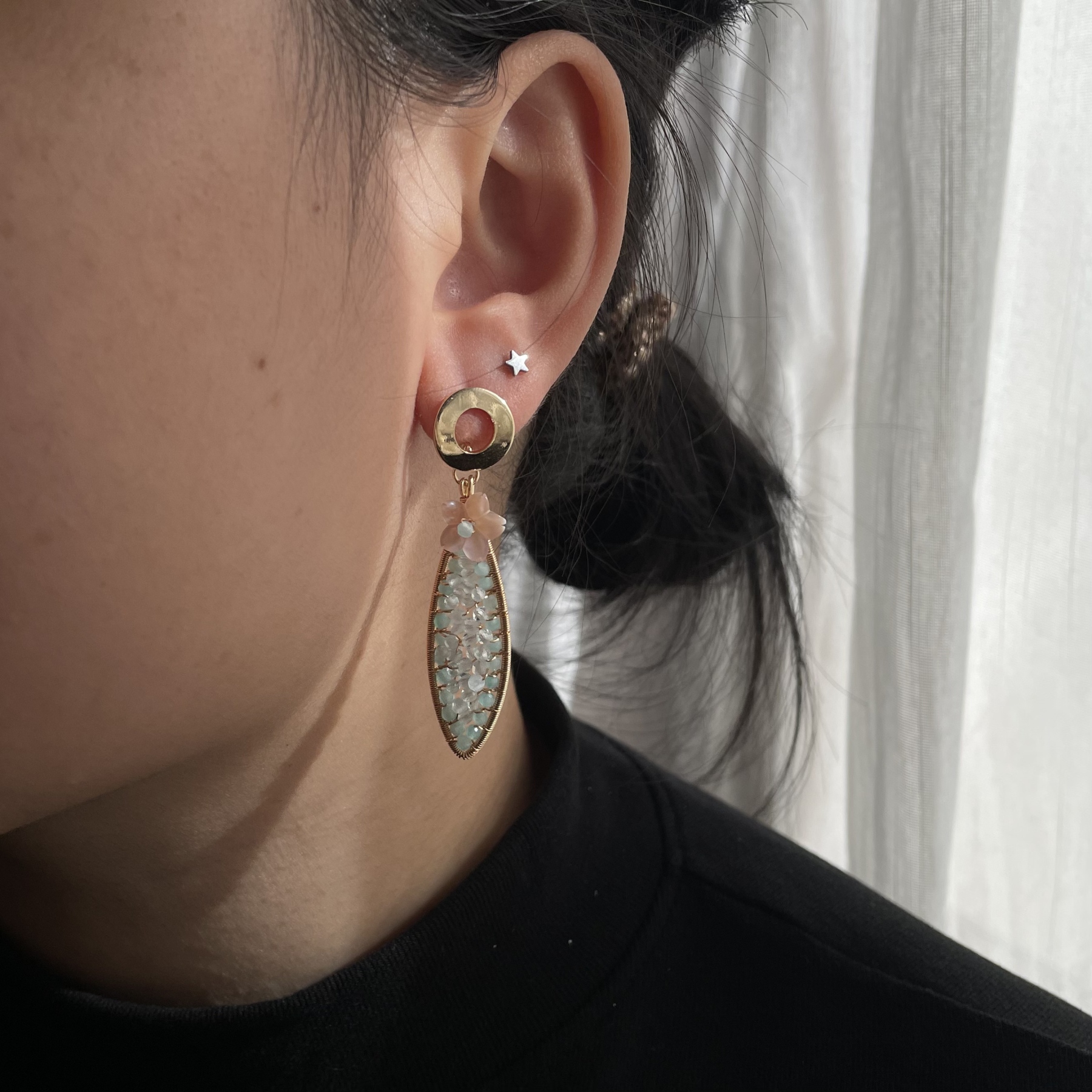 Handmade Aqua Bloom Leaf Earrings Amazonite and Aquamarine Wire-Wrapped Dangle Earrings