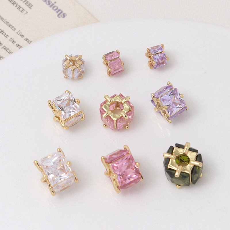 Square Zirconia Inlaid Gold plated Cubic Spacer Bead Multiple Color