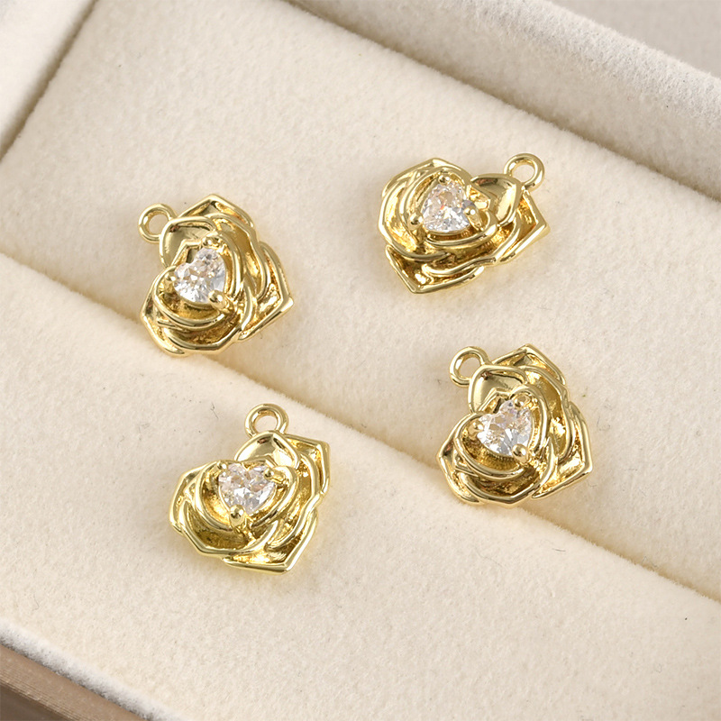Cubic Zirconia inlai14k Gold Plated Flower Charm Jewelry Pendant Rose 