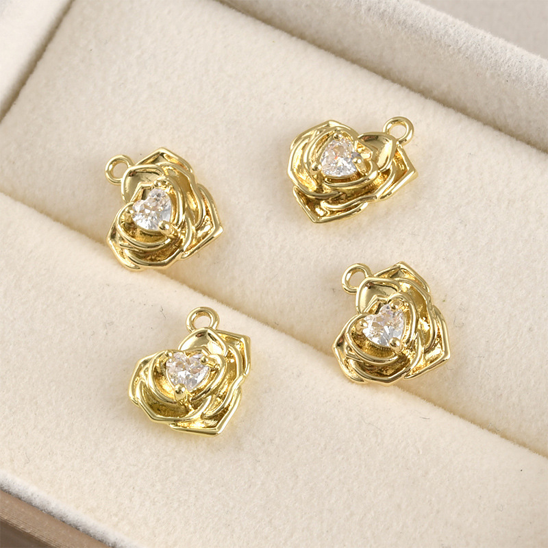 Cubic Zirconia inlaid 14k Gold Plated Flower Charm Jewelry Pendant Rose Charm