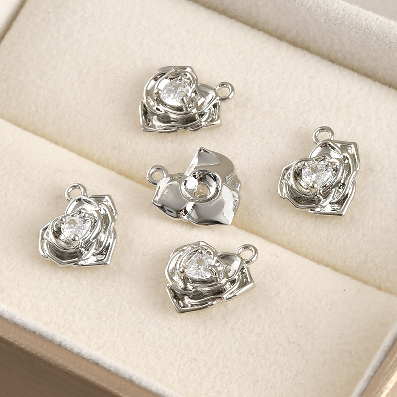 Cubic Zirconia inlai14k Gold Plated Flower Charm Jewelry Pendant Rose 