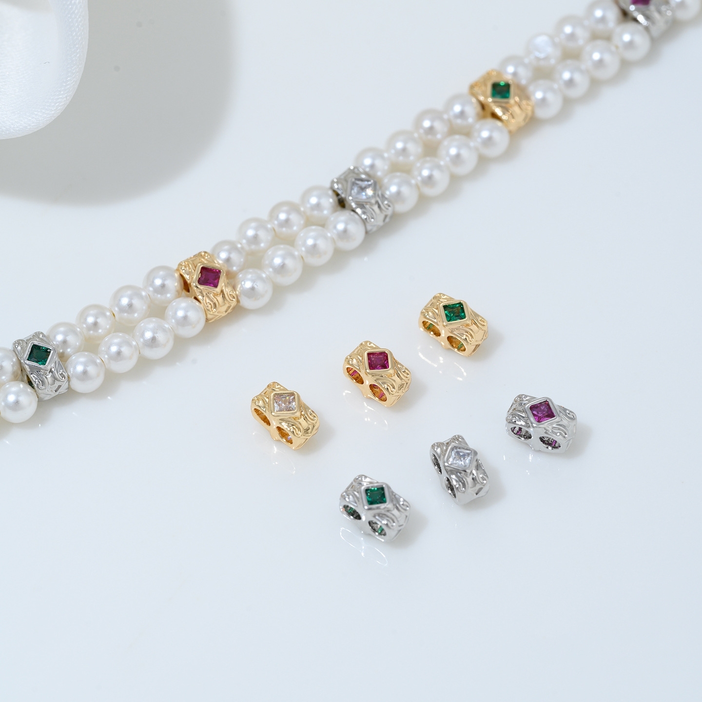 Square Zirconia Inlaid Dual Row Rectangle Spacer Bead Multiple Color