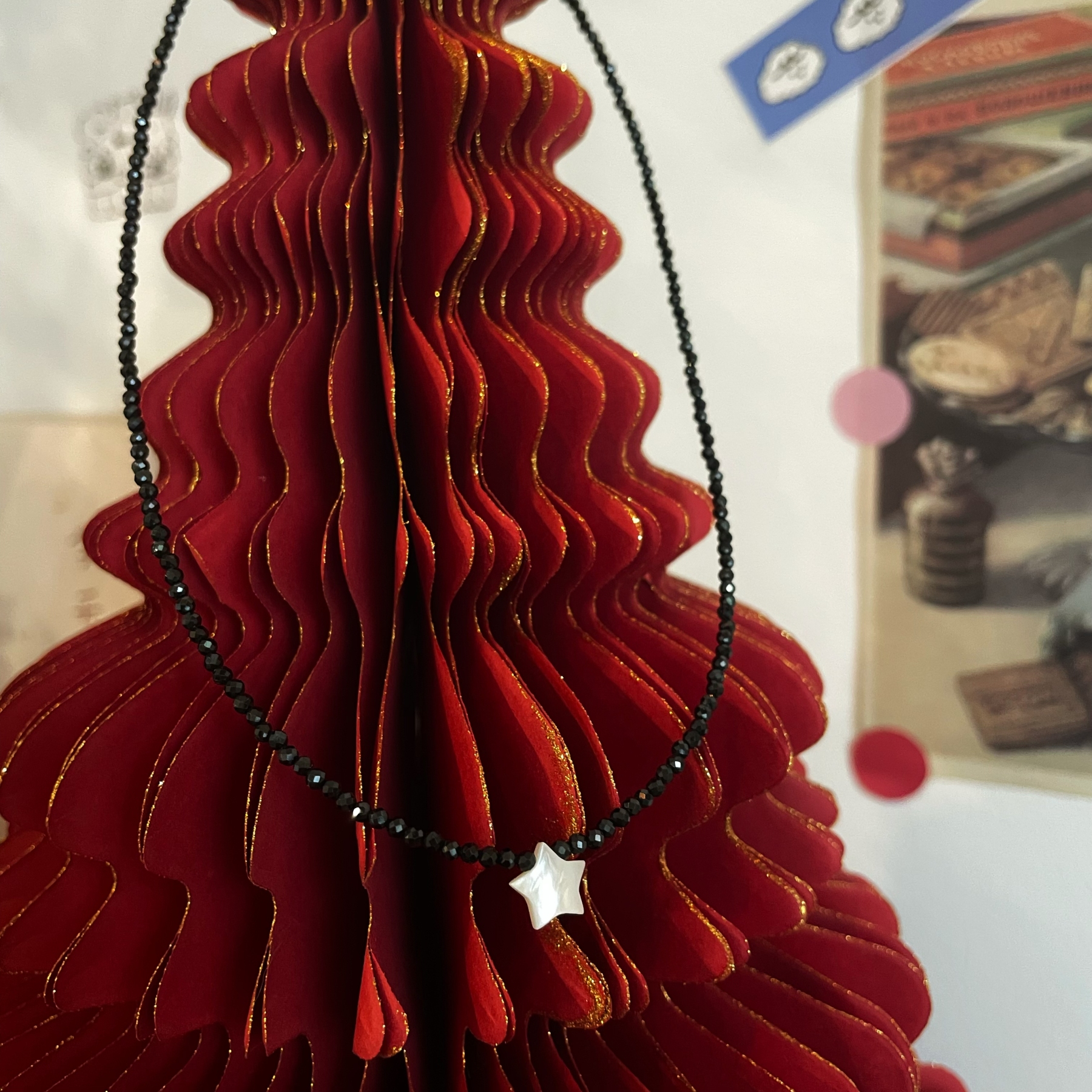 Black Spinel Mini Faceted Beads with Shell Star Necklace