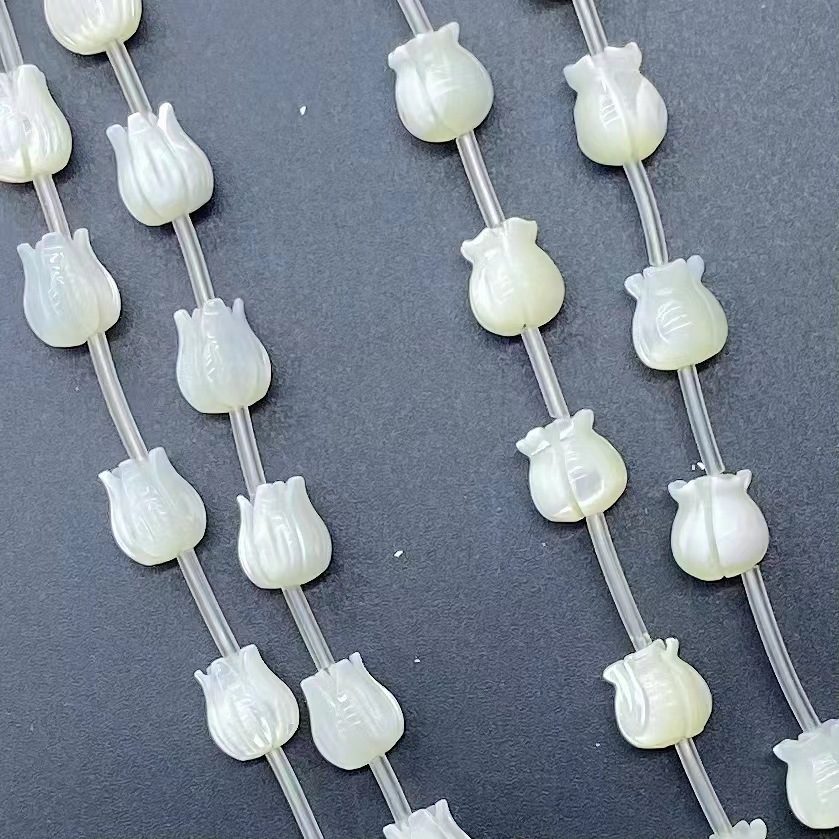 Hand-Carved White Shell Tulip and Lily-of-The-Valley Bead