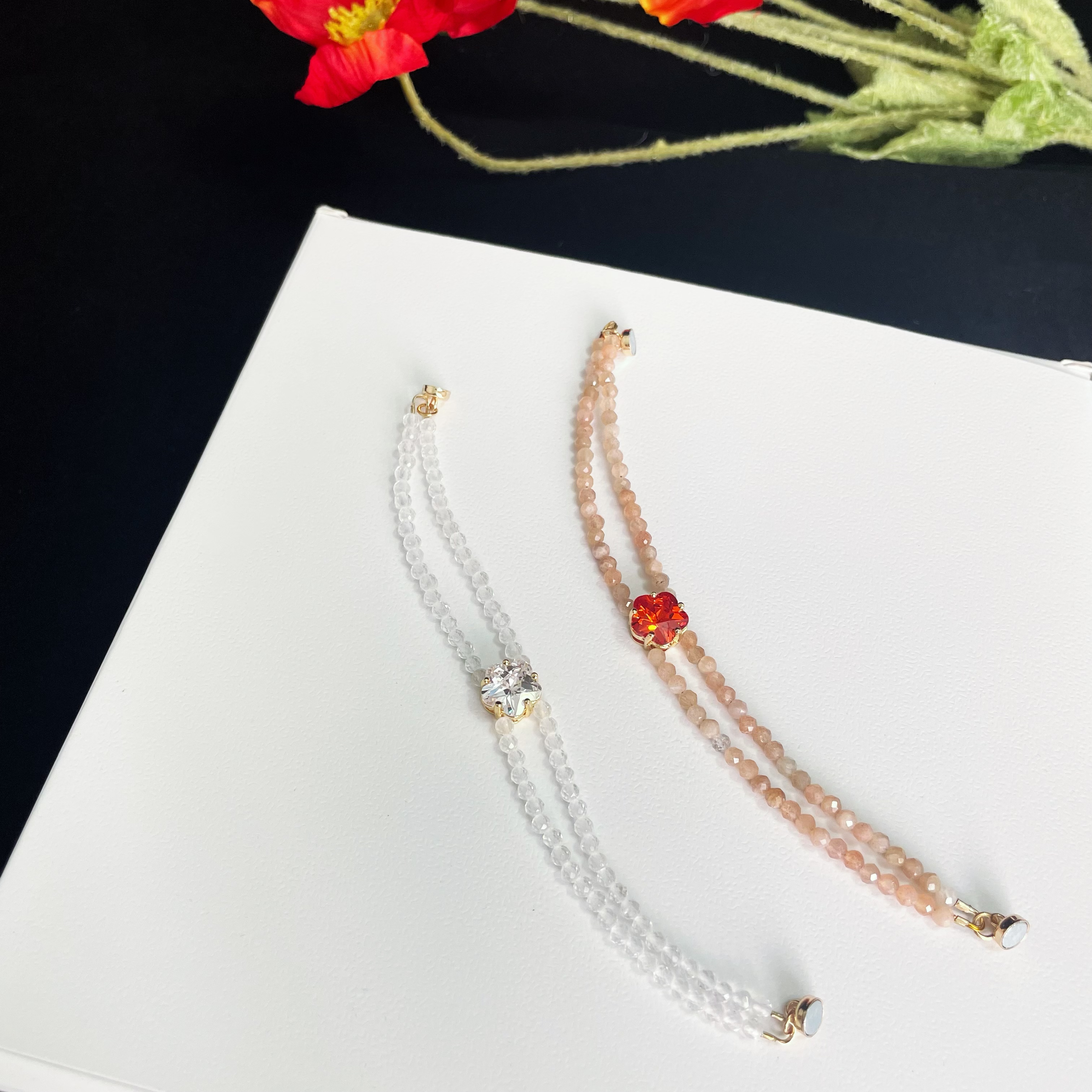 Elegant Double Line Gemstone Faced Beads Bracelet with Zircon Peach Blossom Charm