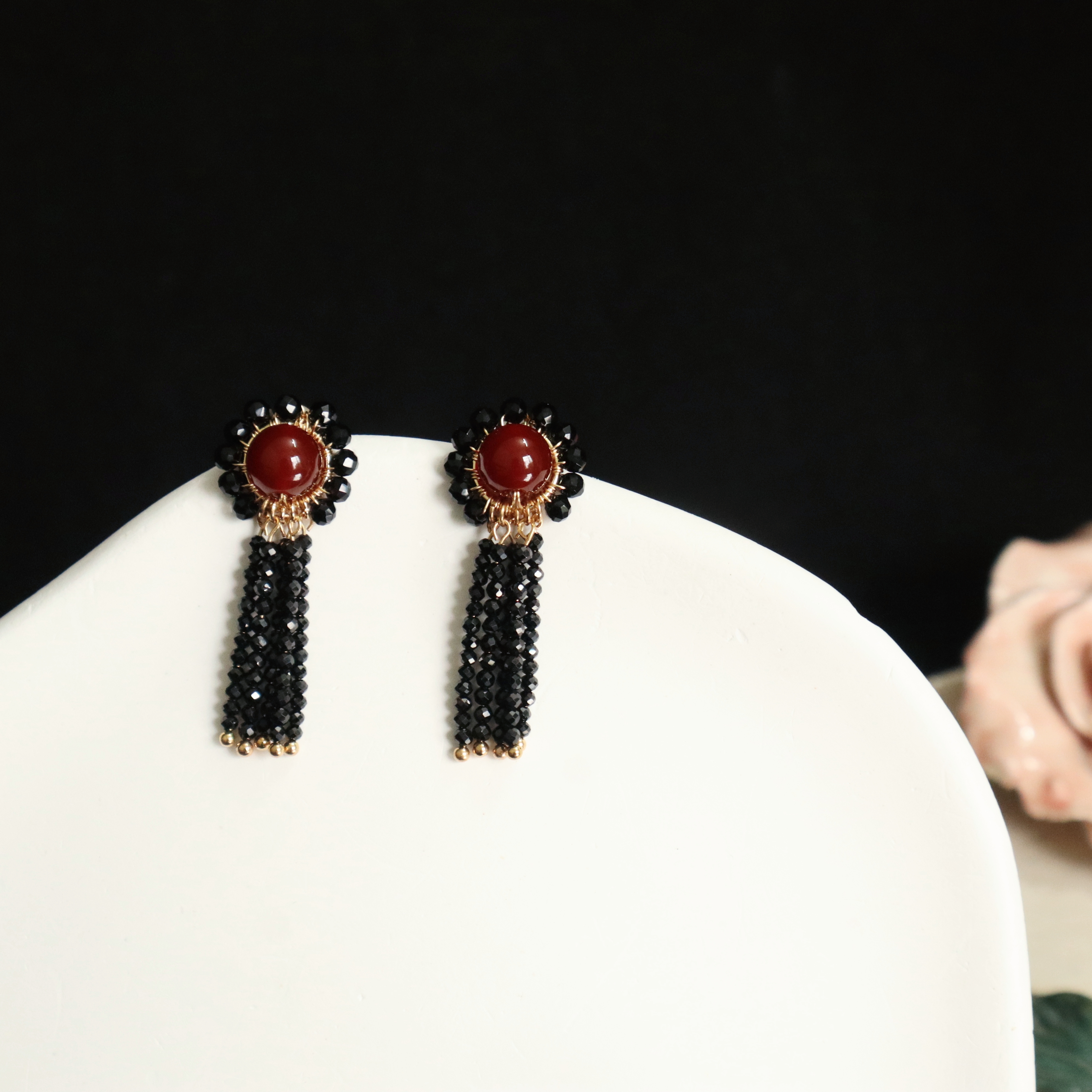 Red Agate and Black Spinel Woven Flower with Tassels Earrings