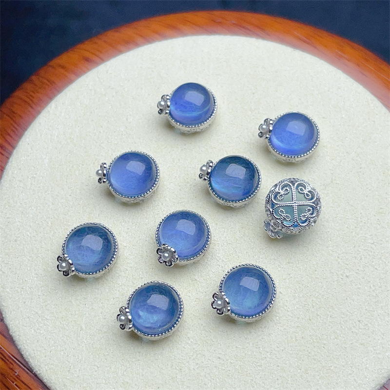 925 Silver Crustification Round Aquamarine with Flower  Accessory