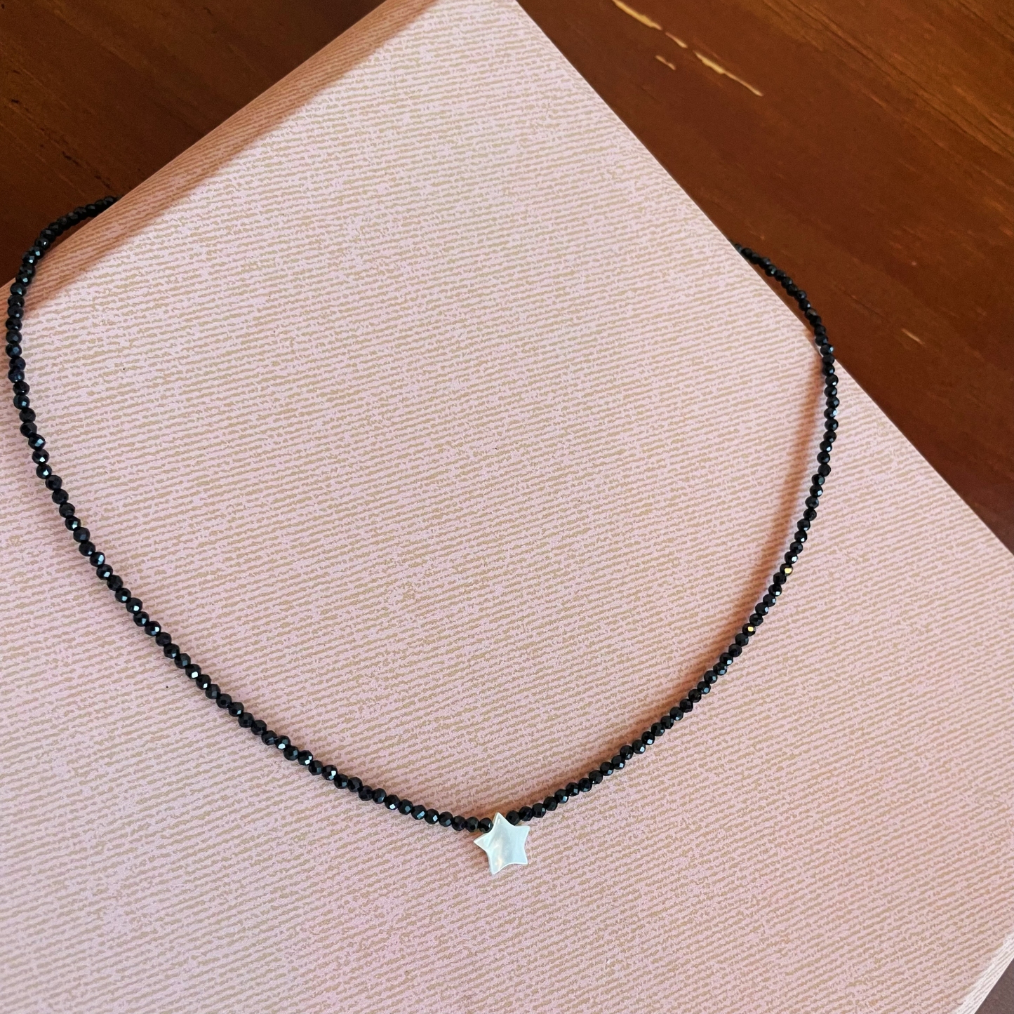 Black Spinel Mini Faceted Beads with Shell Star Necklace