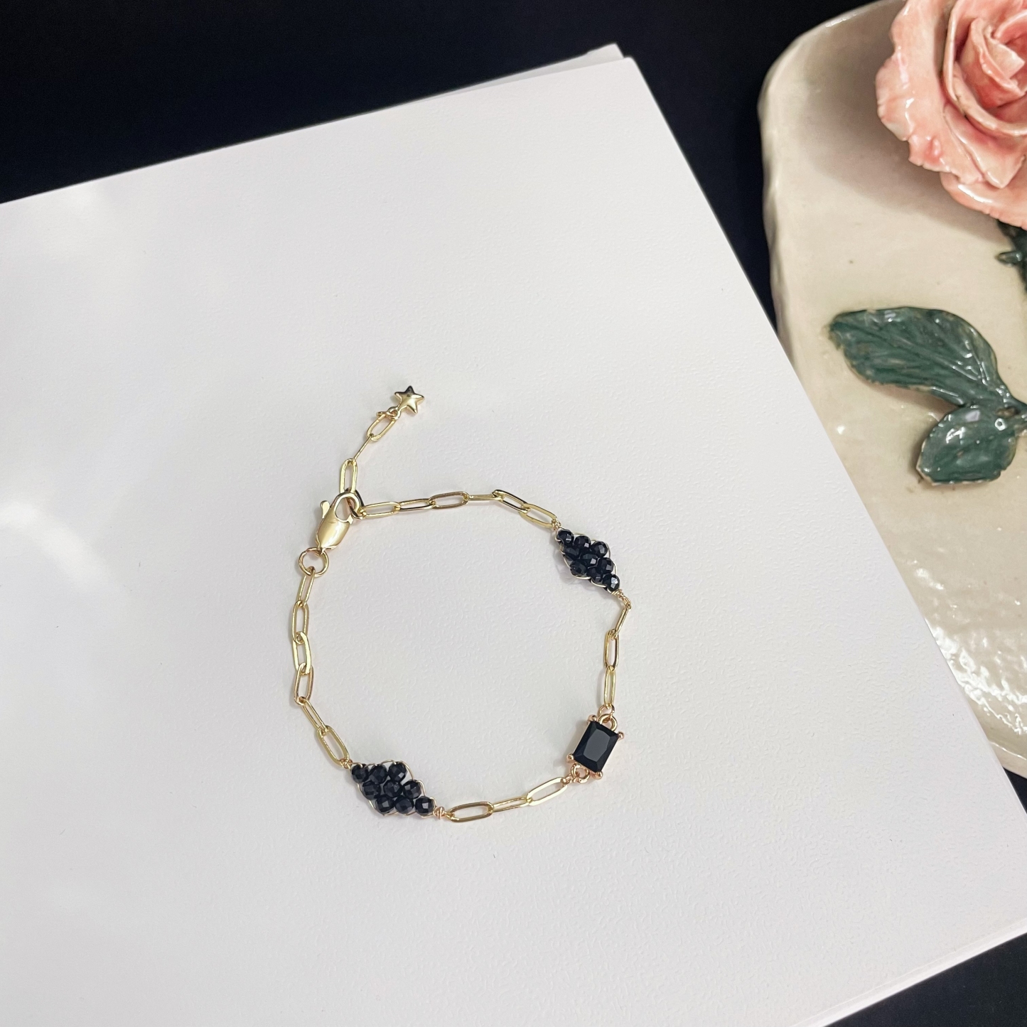 Paperclip Chain Bracelet with beads woven Rhombus and Rectangle Zircon