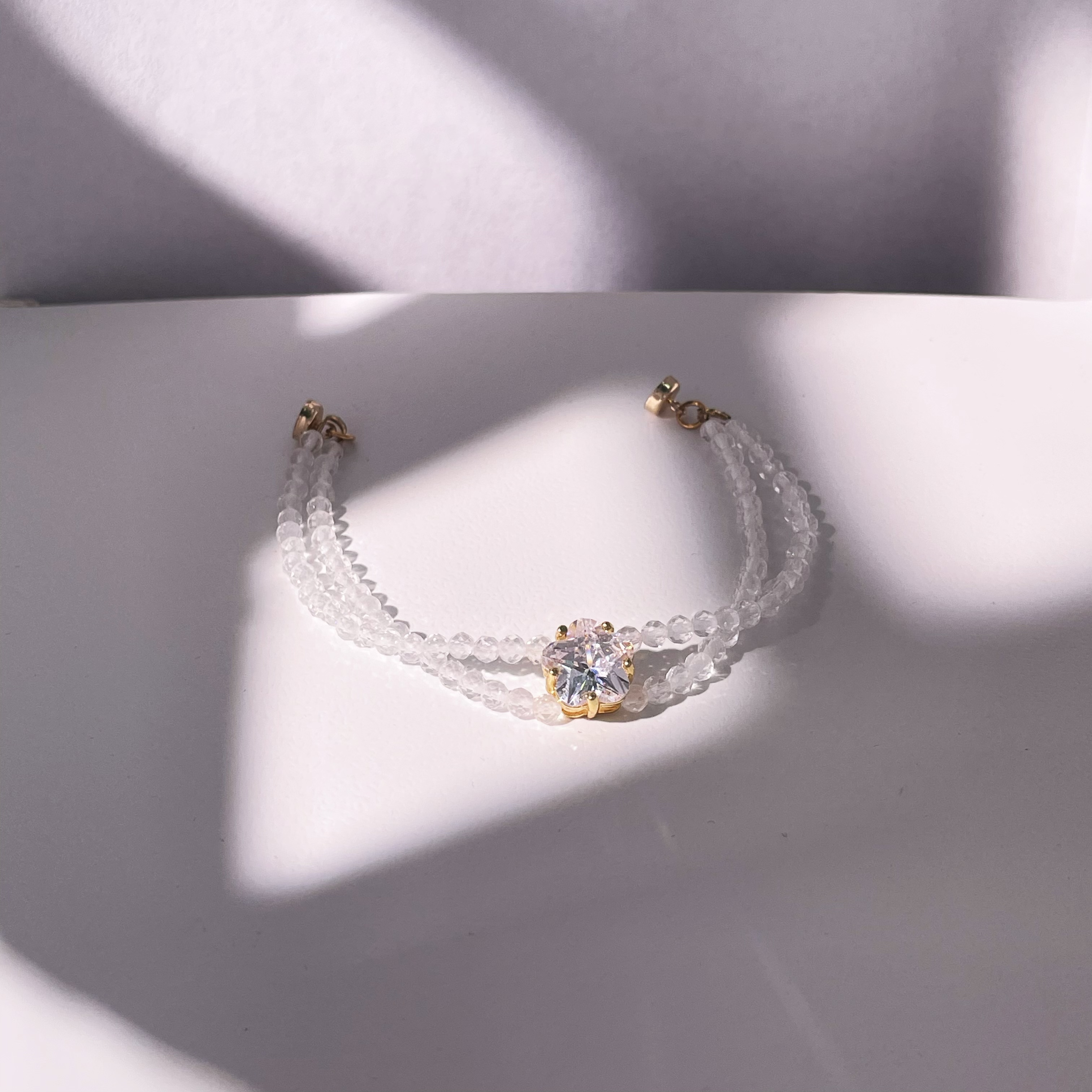 Elegant Double Line Gemstone Faced Beads Bracelet with Zircon Peach Blossom Charm