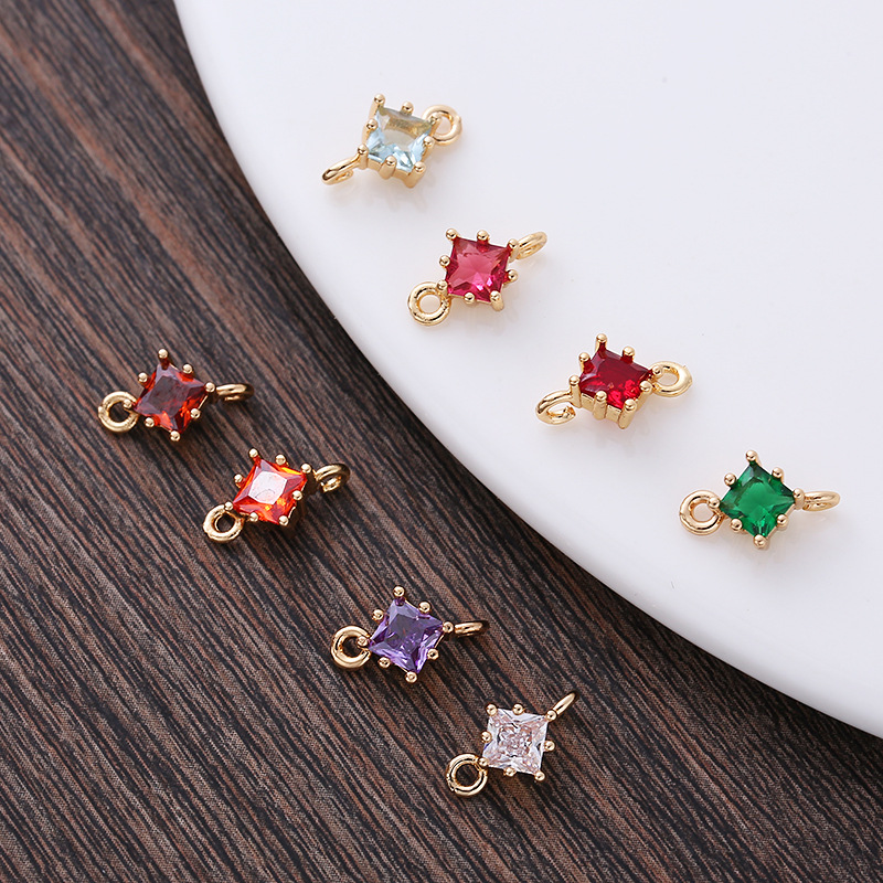 4*4mm Colored Zircon Rhombus Charm Pendant Dual Hanging Rings