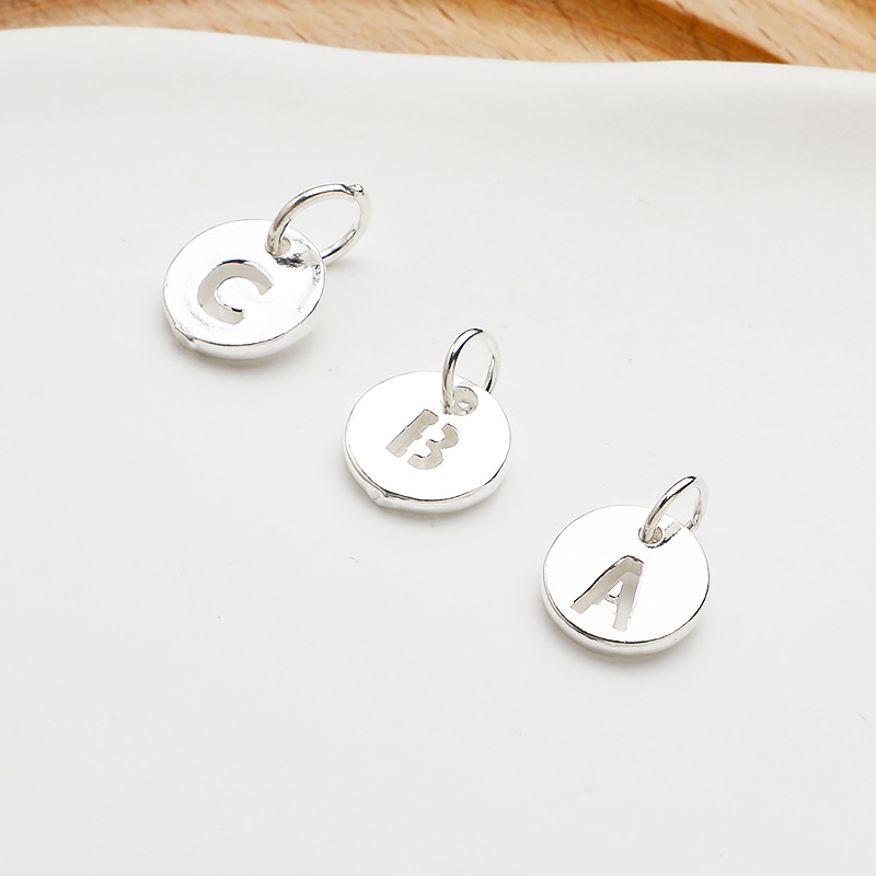 925 Sterling Silver 26 Letters Hollow Round Charms Jewelry DIY Pendant