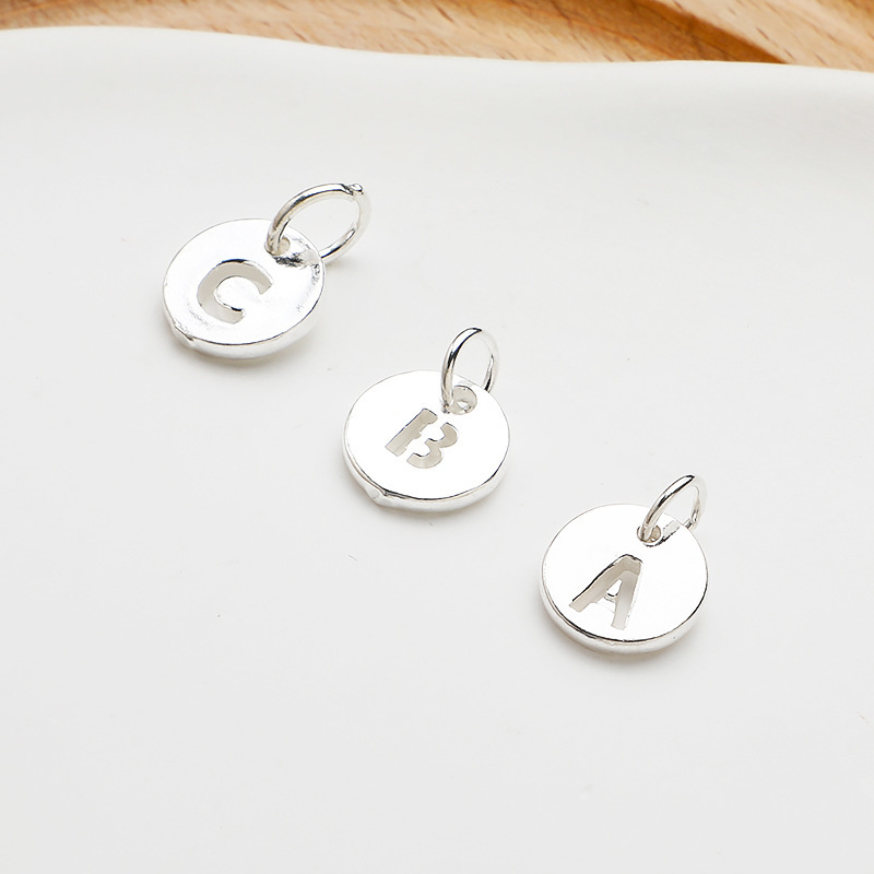 925 Sterling Silver 26 Letters Hollow Round Charms Jewelry DIY Pendant