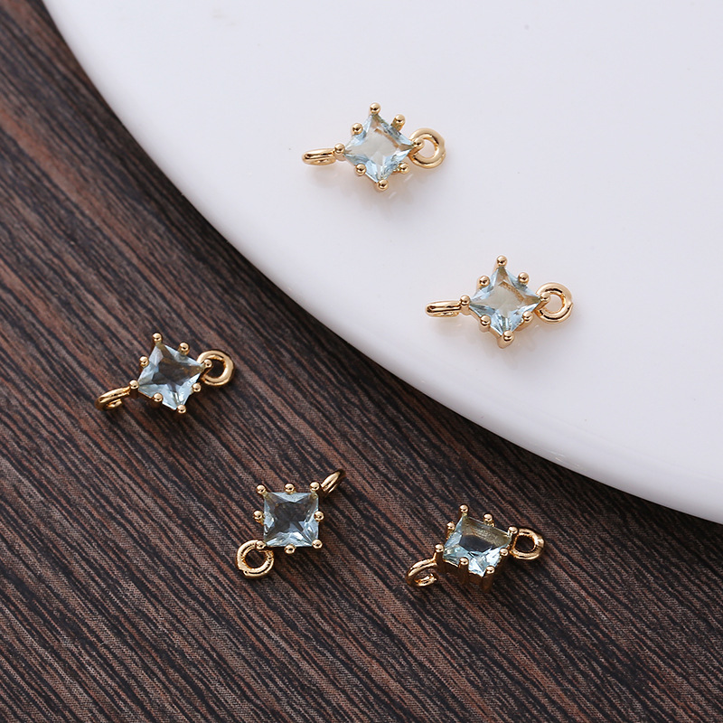 4*4mm Colored Zircon Rhombus Charm Pendant Dual Hanging Rings