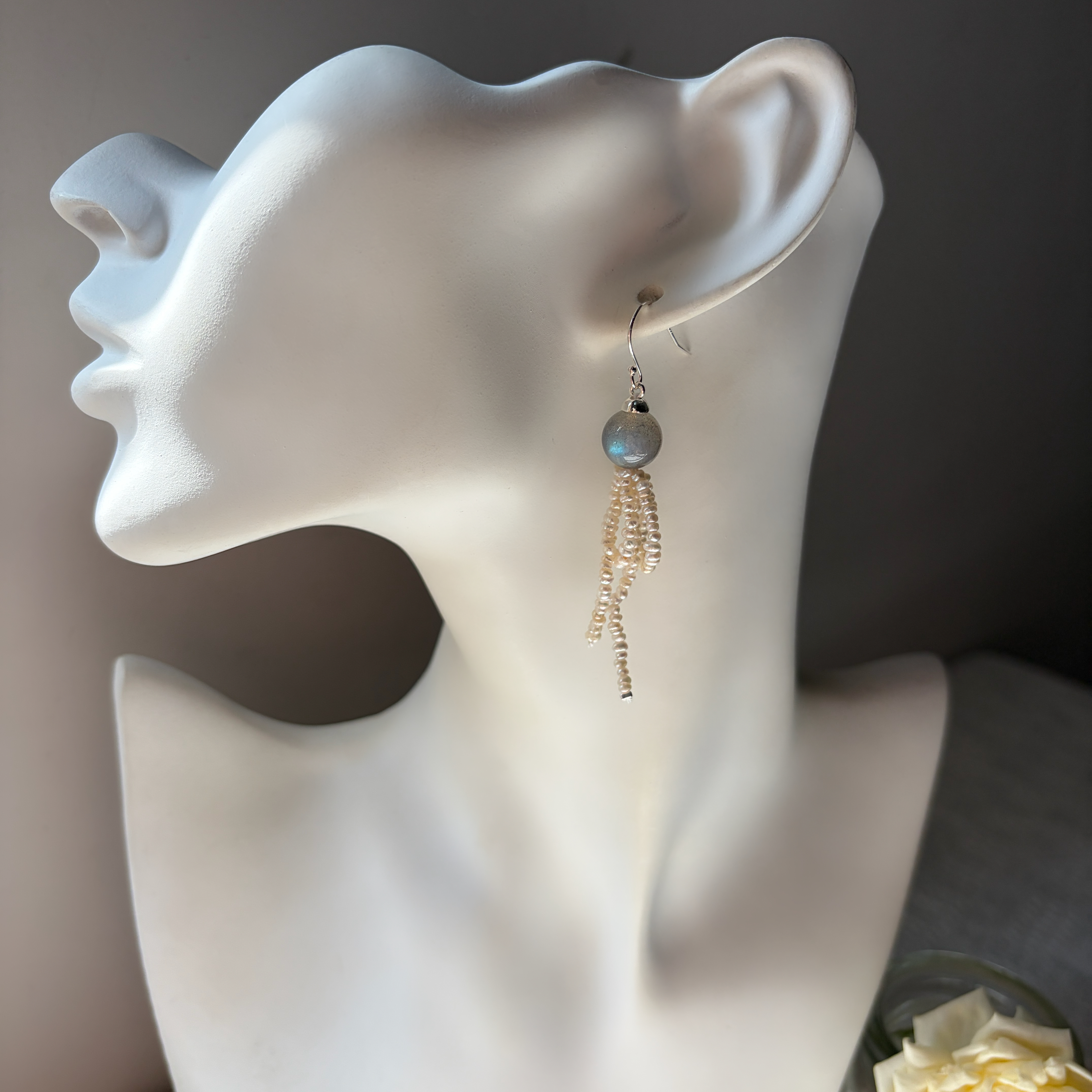 Handmade Moonlight Rain Earrings Labradorite and Freshwater Pearl Tassel Earrings