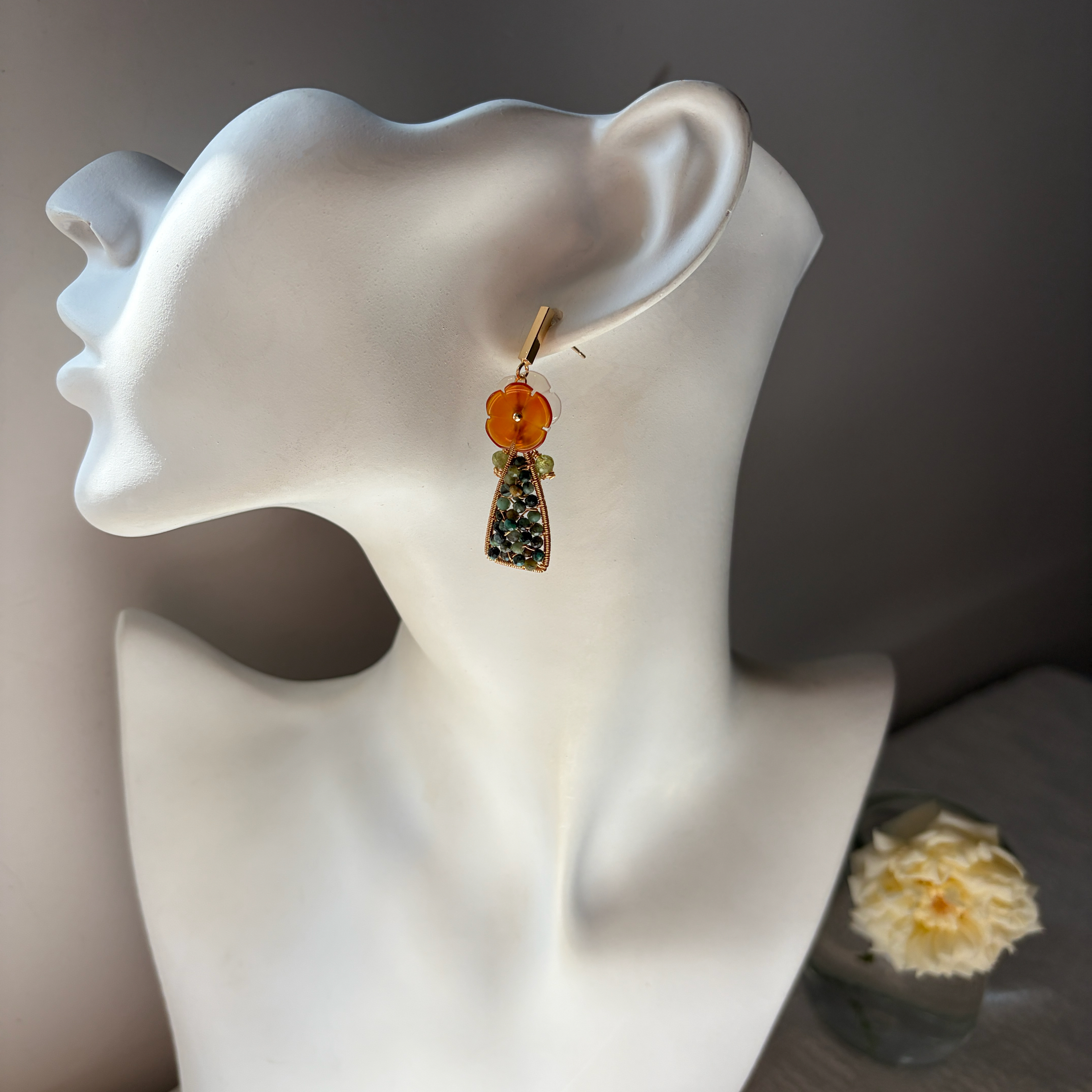 Handmade Message in a Bottle Summer Flower Earrings Indian Agate, Carnelian and Peridot Floral Earrings
