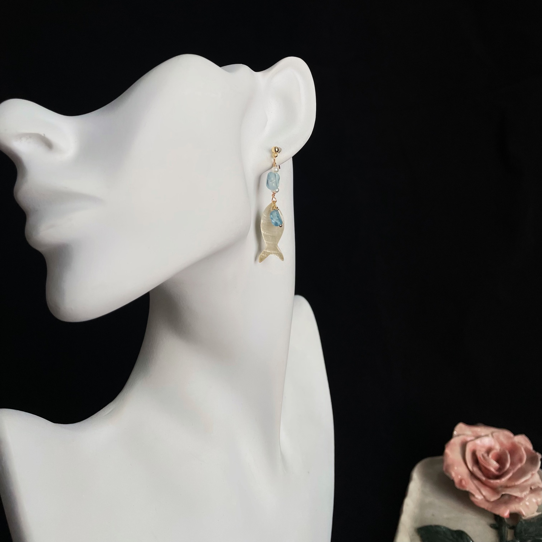 Handcrafted Ocean’s Whisper Aquamarine and Fish Earrings 