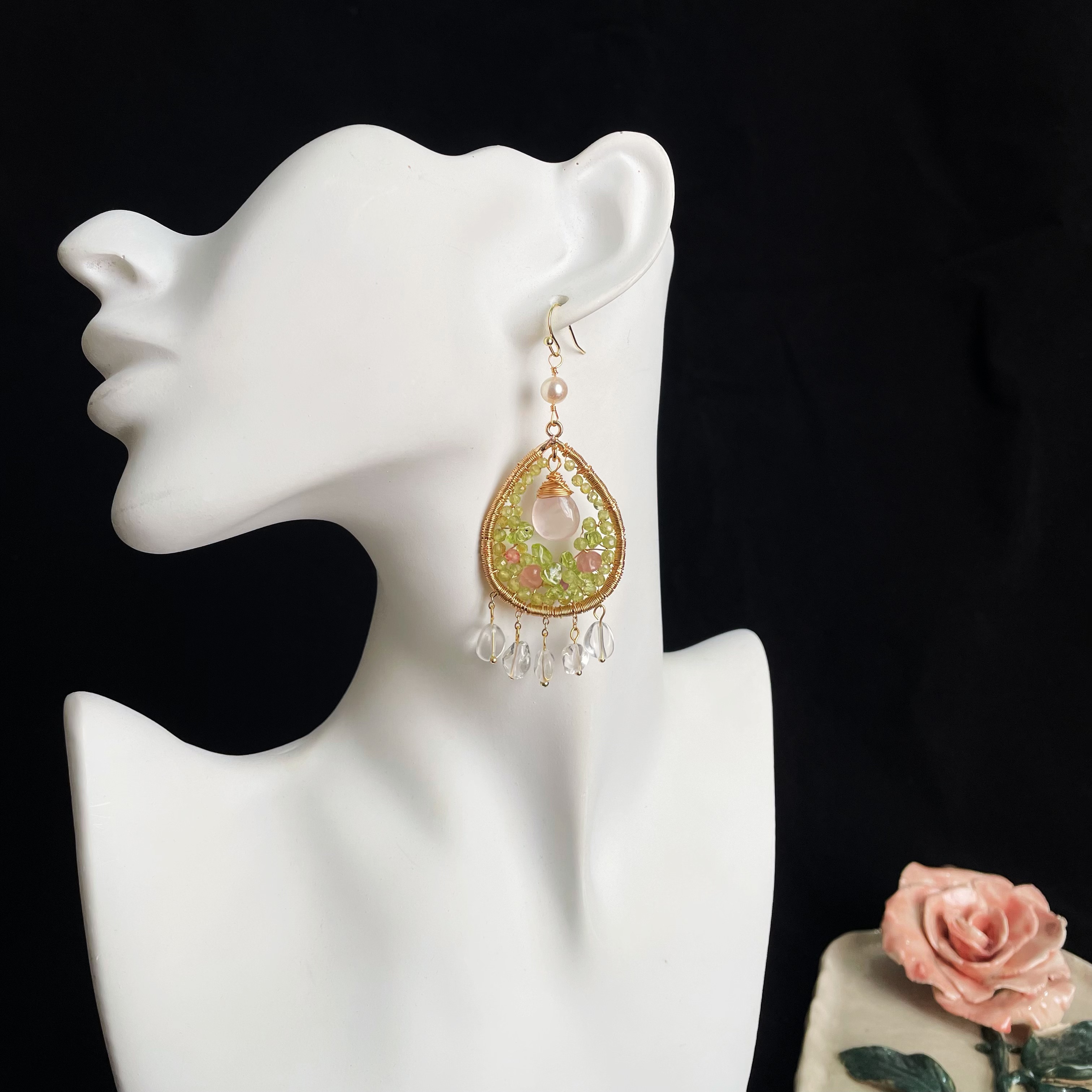 Handcrafted Spring’s Whisper Peridot and Rose Quartz Woven Teardrop Earrings