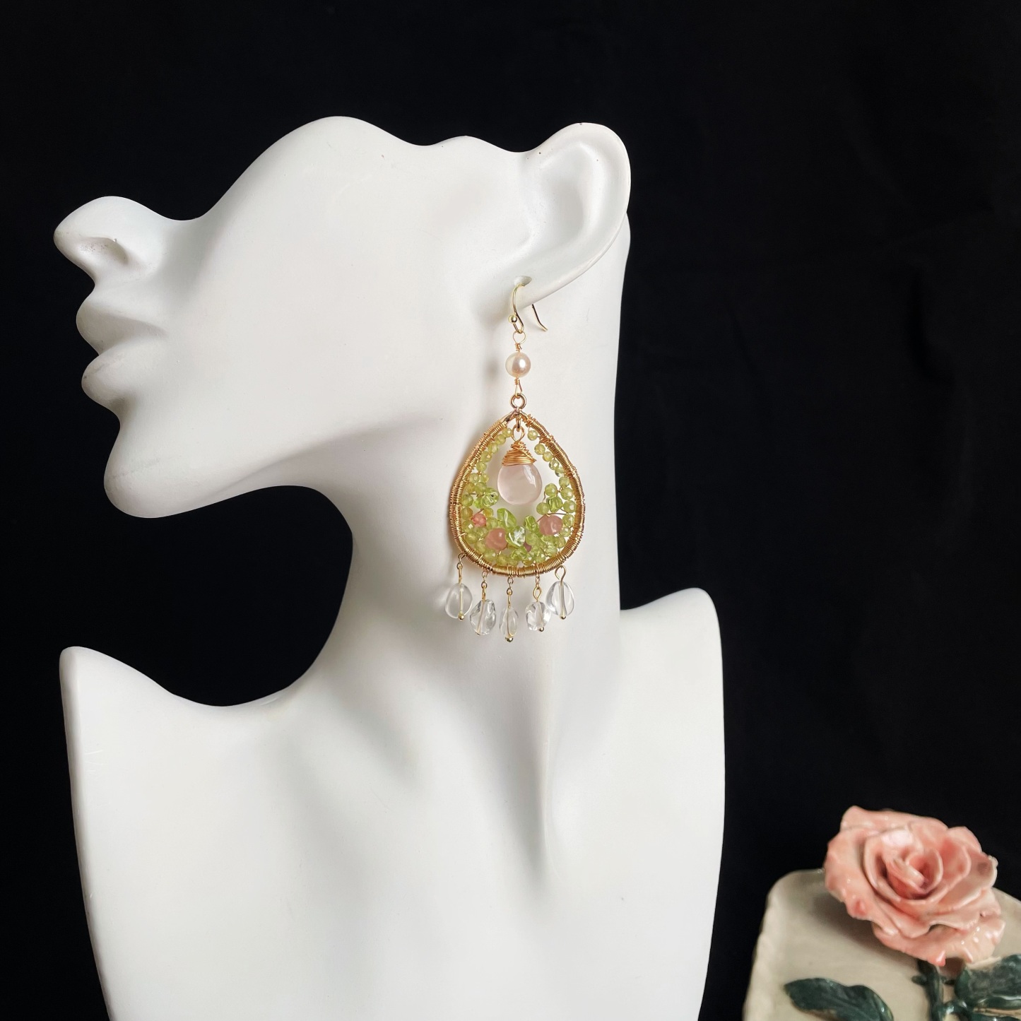 Handcrafted Spring’s Whisper Peridot and Rose Quartz Woven Teardrop Earrings