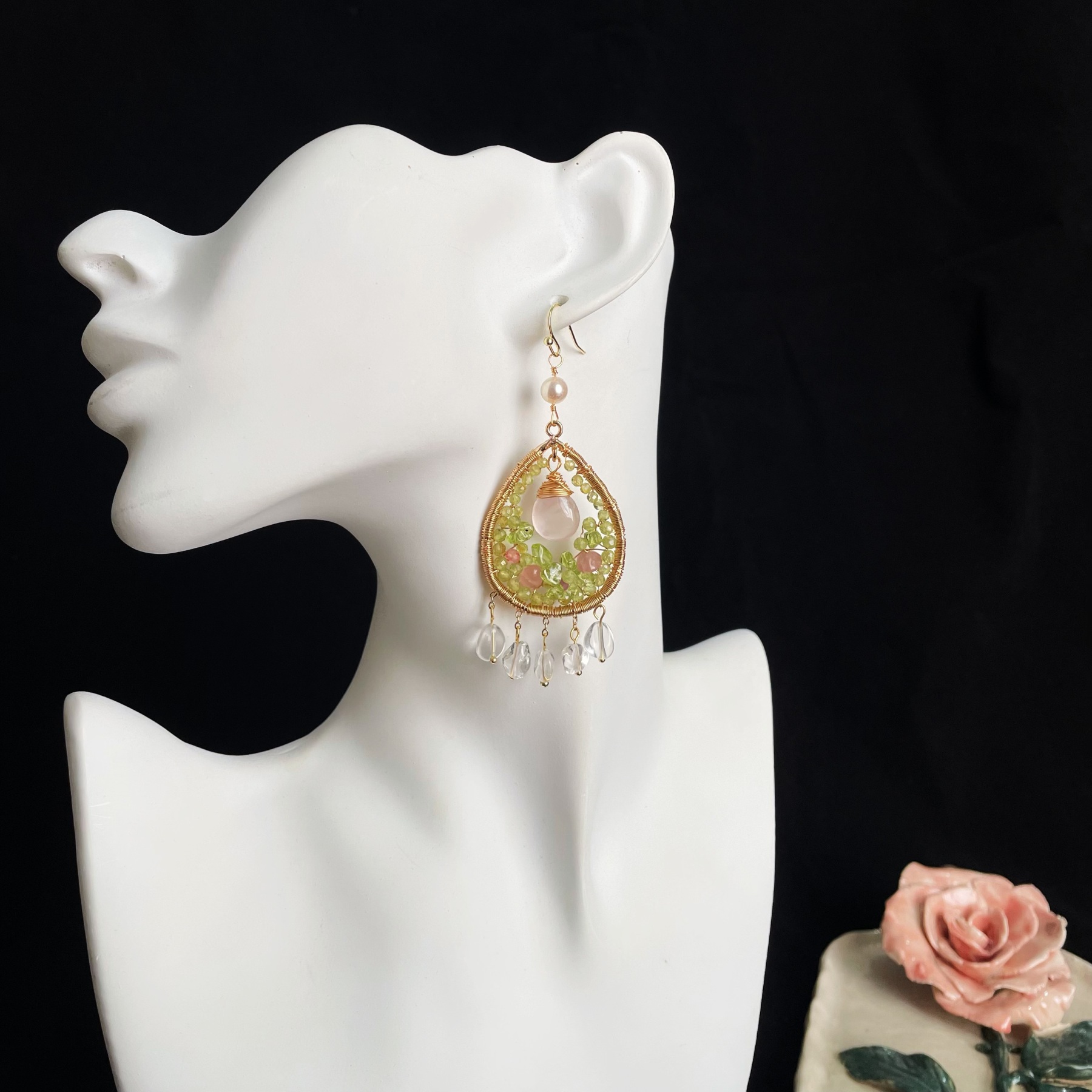 Handcrafted Spring’s Whisper Peridot and Rose Quartz Woven Teardrop Earrings