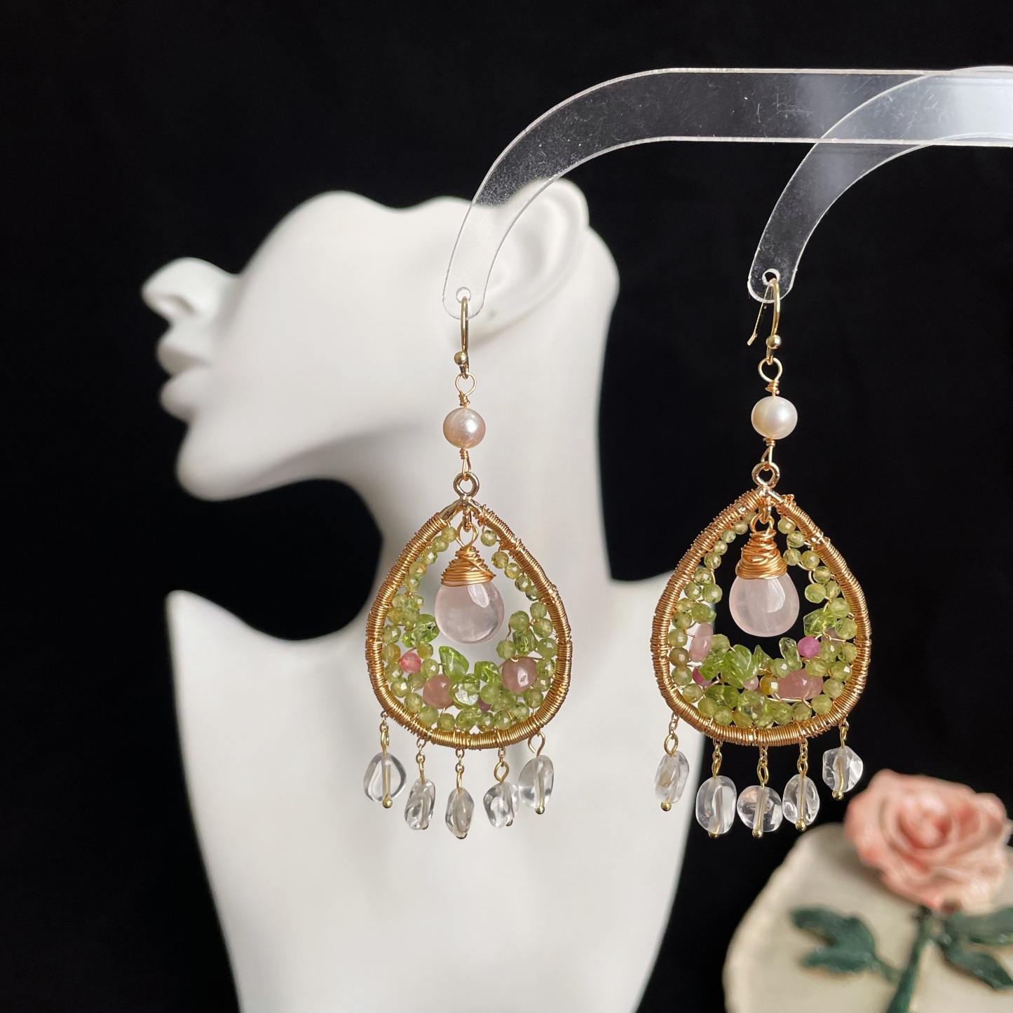 Handcrafted Spring’s Whisper Peridot and Rose Quartz Woven Teardrop Earrings