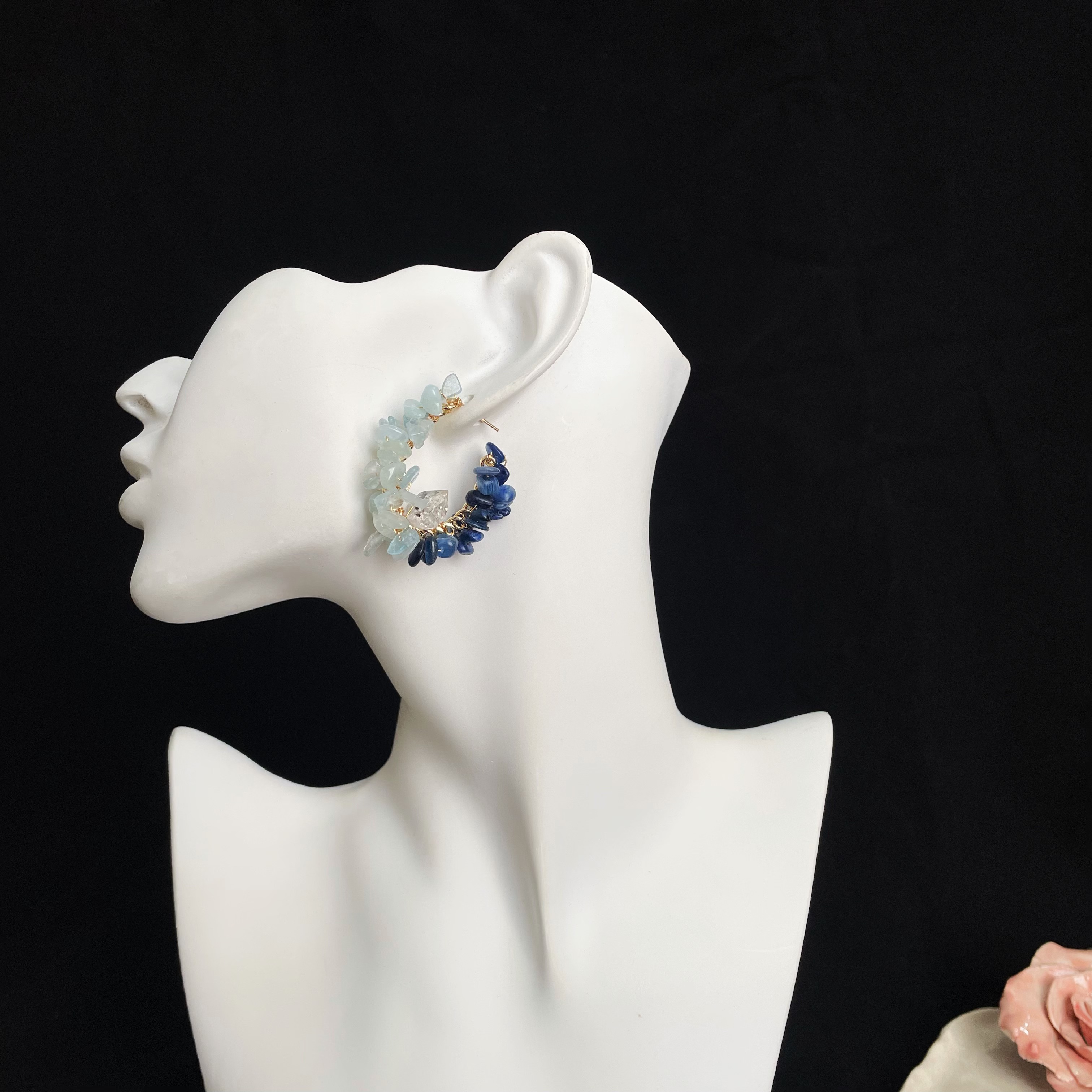 Handcrafted Aquamarine and Kyanite Woven Hoop Earrings with Herkimer Diamond 