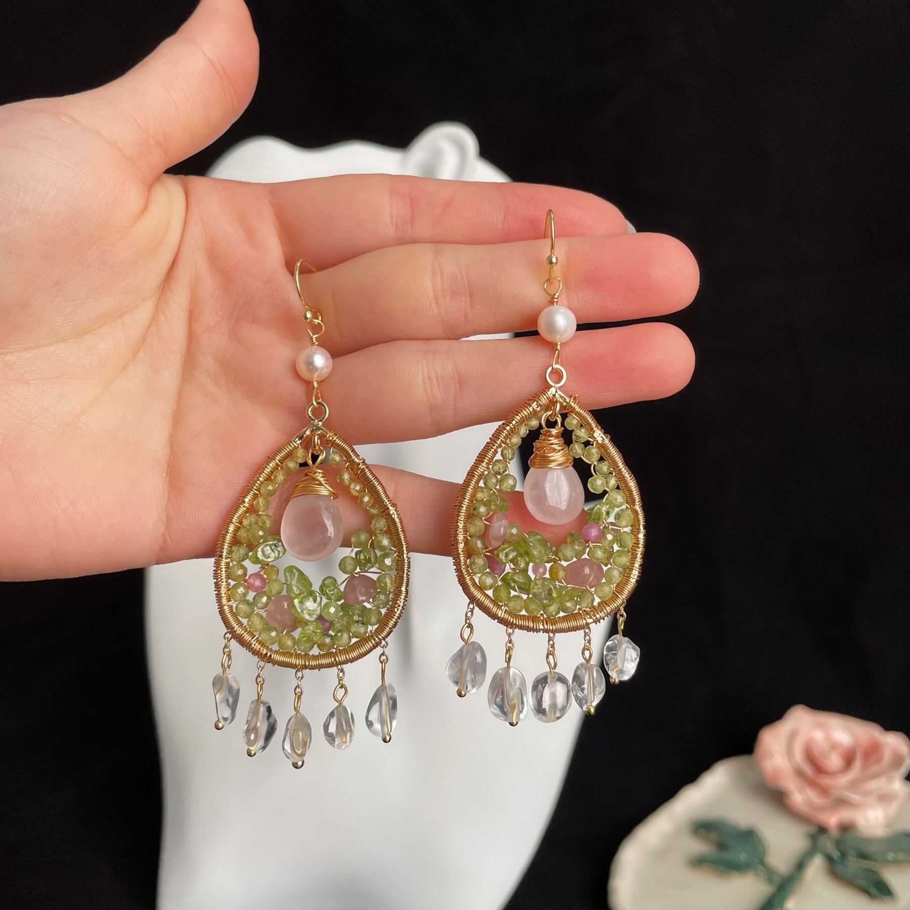Handcrafted Spring’s Whisper Peridot and Rose Quartz Woven Teardrop Earrings