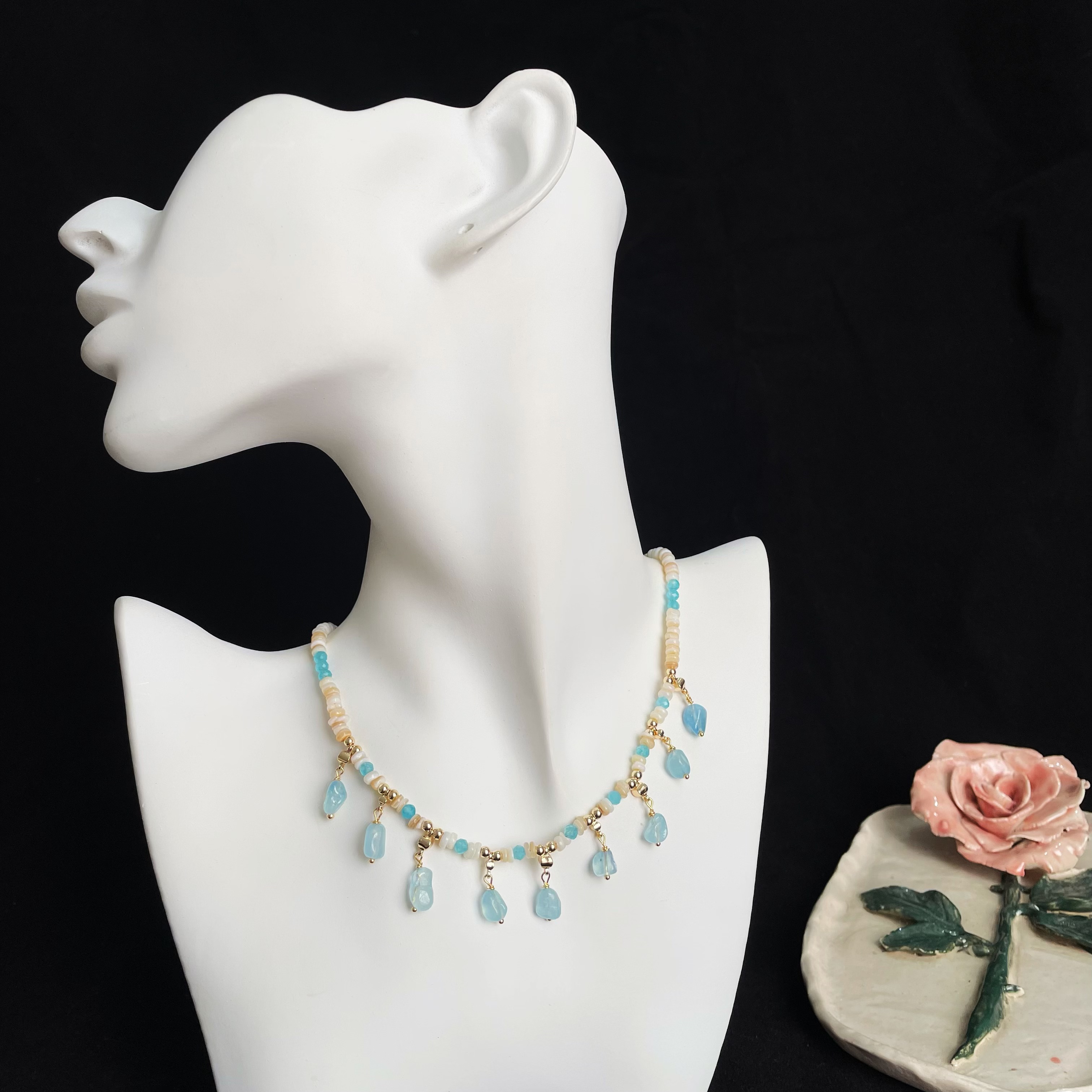 Handcrafted Ocean Whisper blue Gemstone and Shell Beads Necklace
